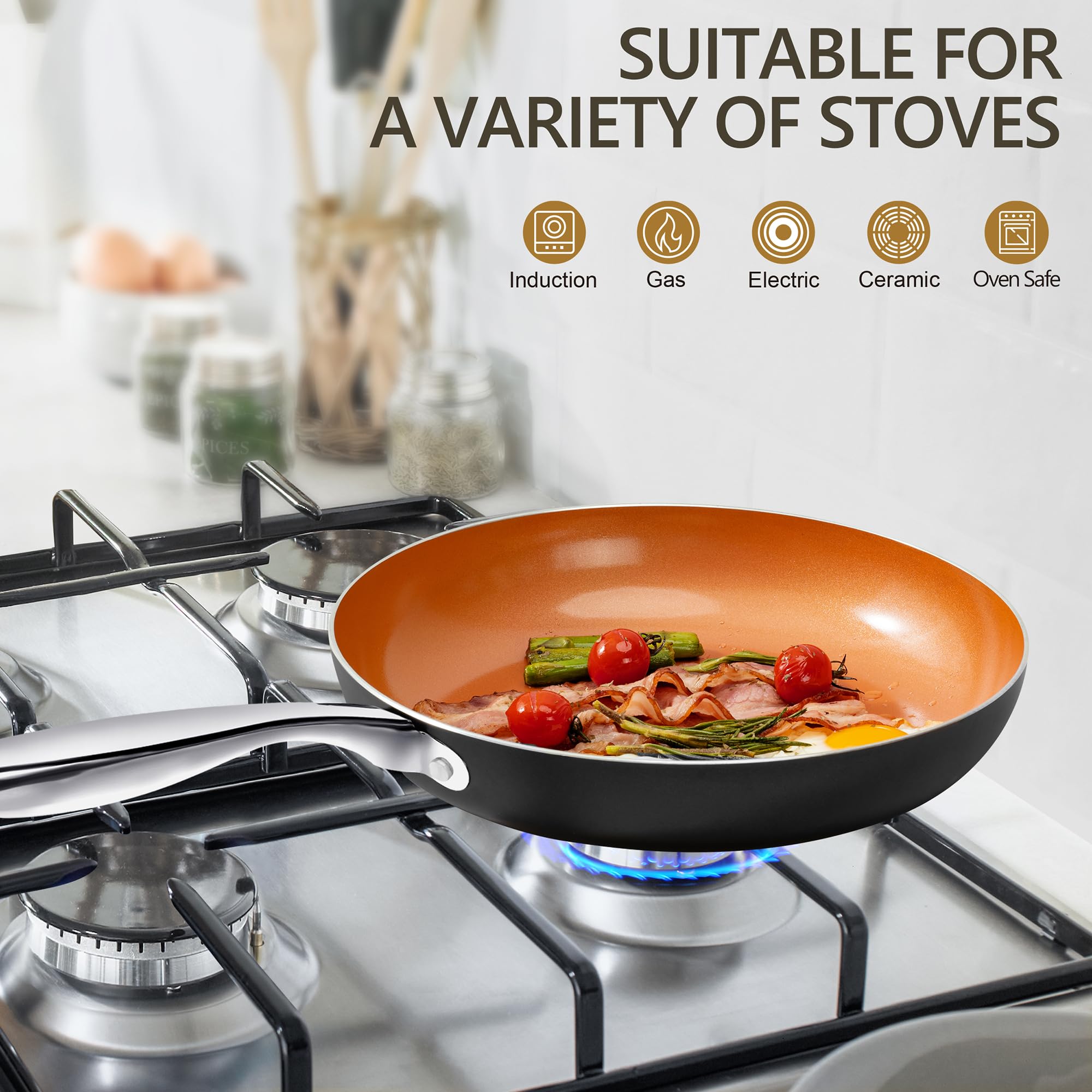 Michelangelo Copper Frying Pan Set With Lid, 8'' & 10'' Frying Pan Set, Nonstick Frying Pan Set, Copper Pans With Lid, Nonstick