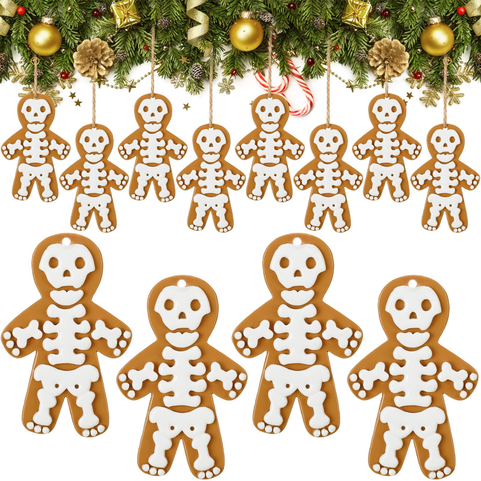 Halloscume 12 Pcs Christmas Skeleton Ornaments for Tree Resin Gingerbread Skull Hanging Winter Xmas Cute Ornaments with Ropes fo