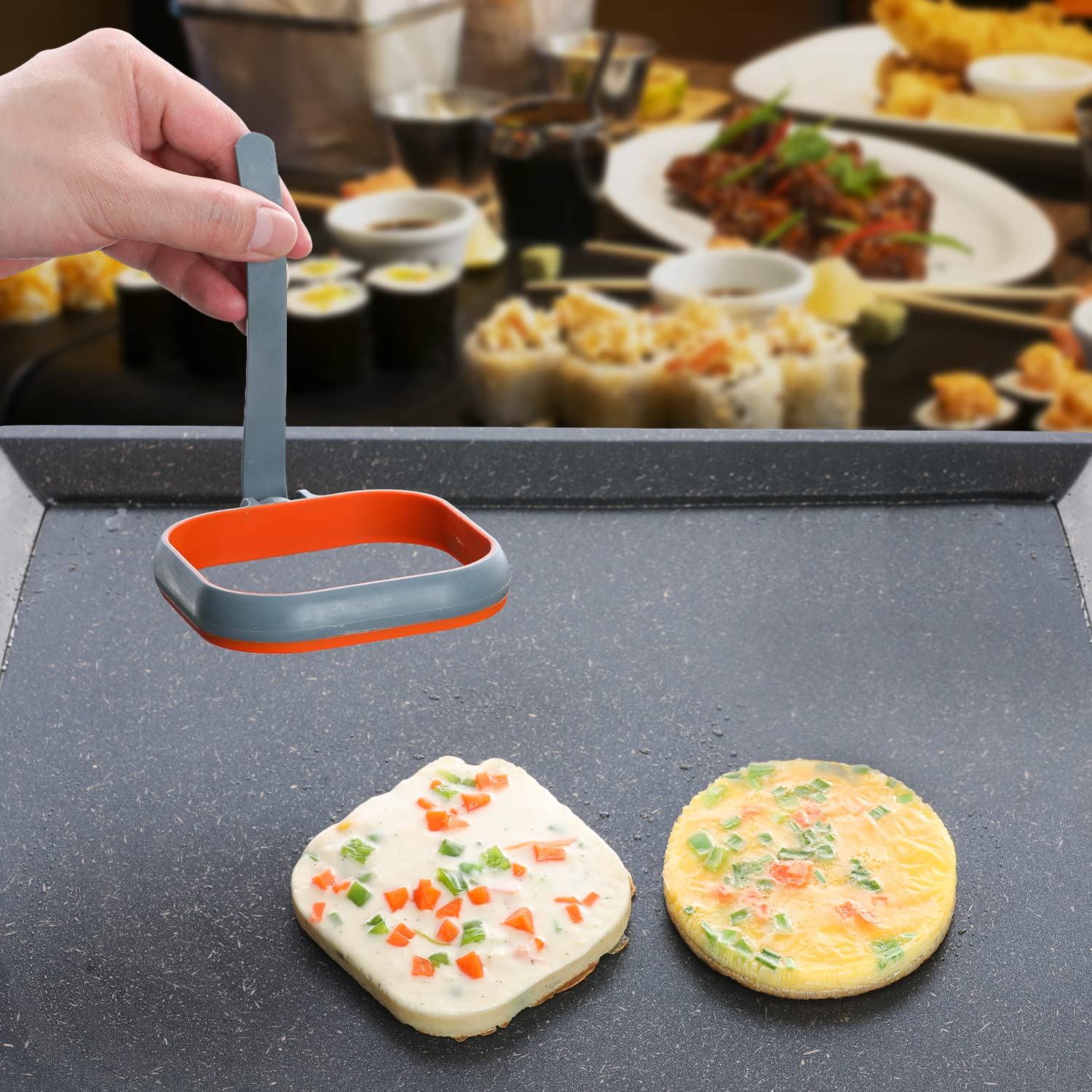 GOYLSER Silicone Egg Molds Set of 4 - Nonstick Pancake Rings in Gray, Includes 2 Round & 2 Square Shapes for Kids Cooking