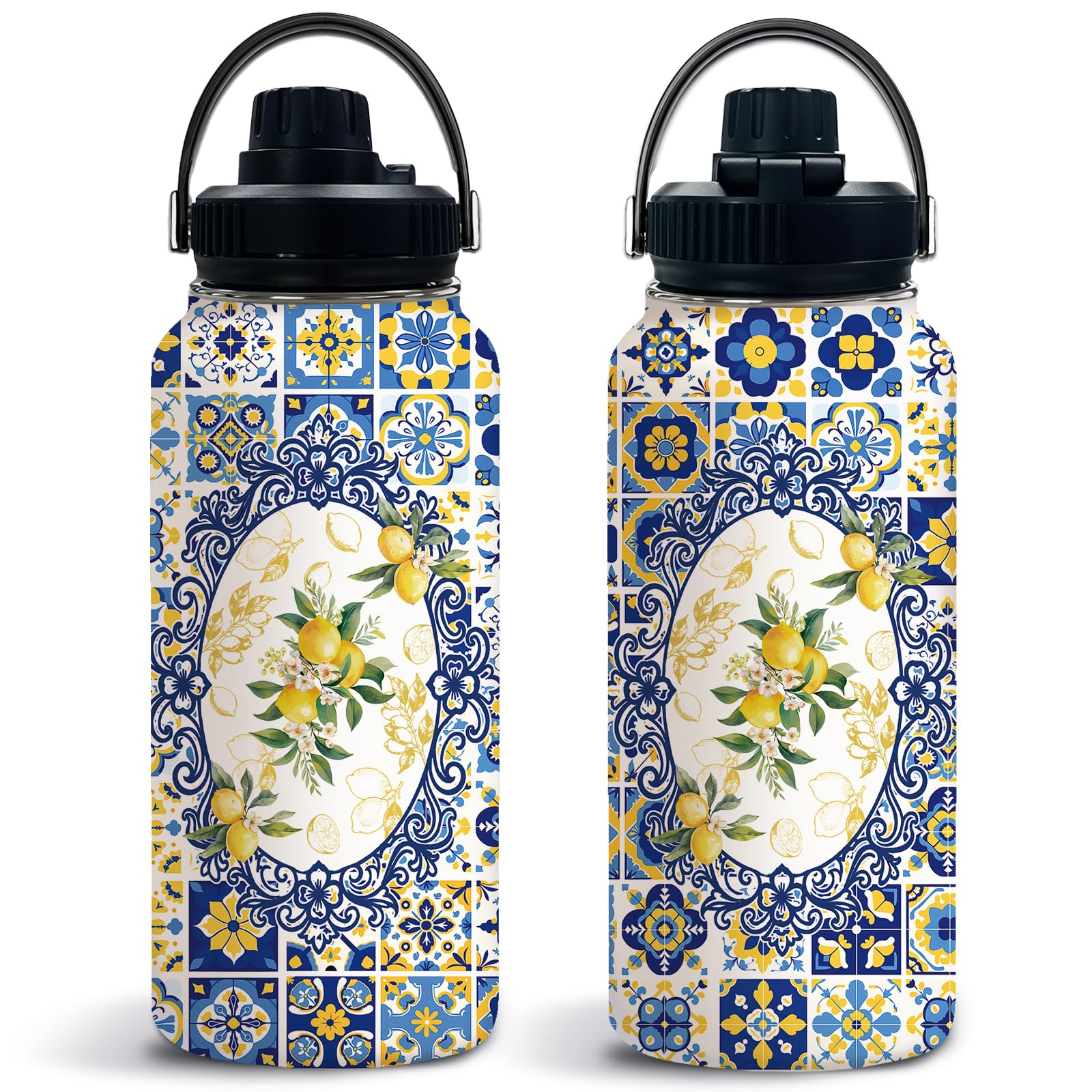 Uibunoo Lemon 32oz Water Bottle, with Handle Lid Bottle, Insulated Cup