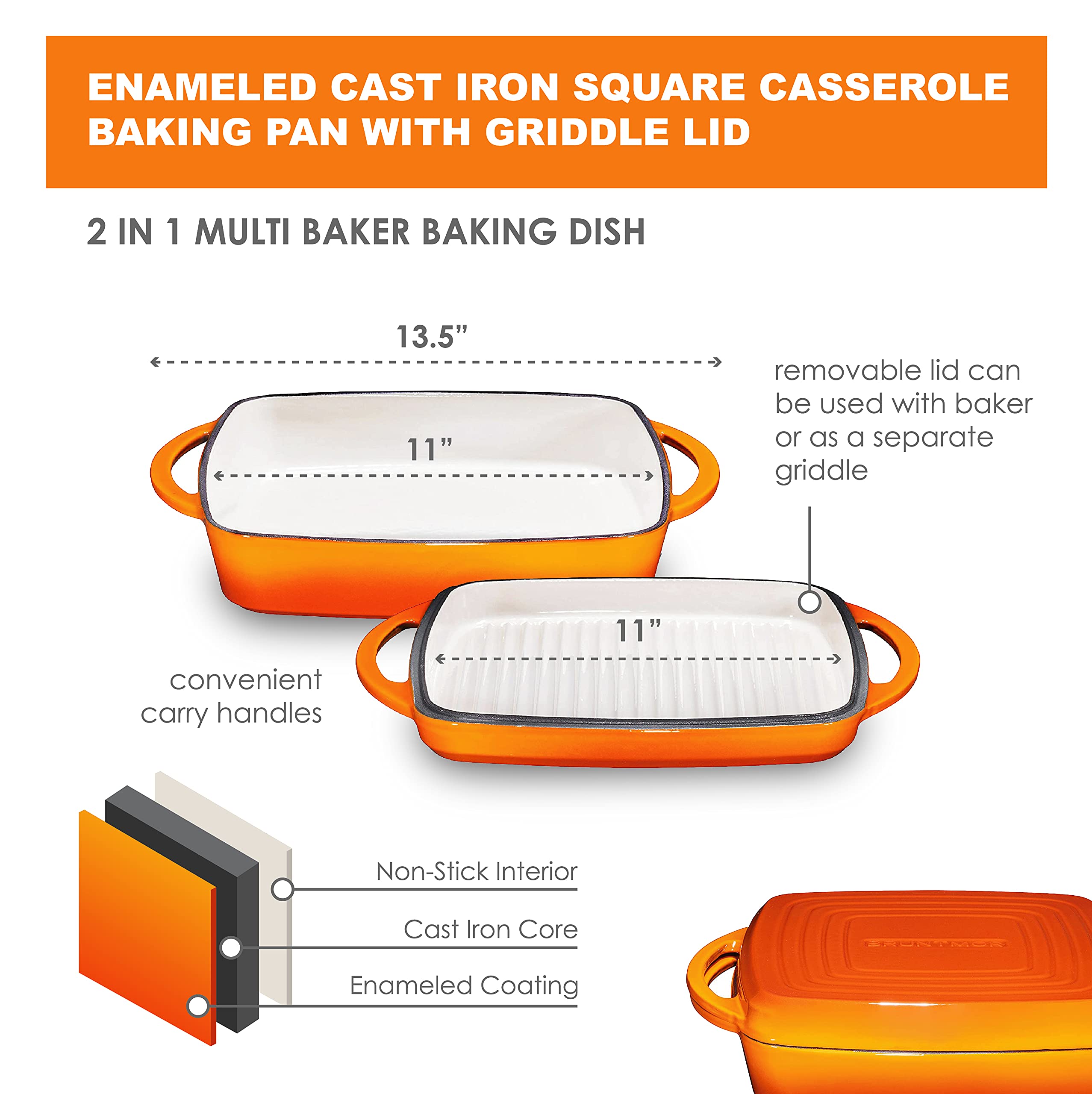 Bruntmor 2-in-1 Pre-seasoned Square Cast Iron Dutch Oven With Dual Handles  Non stick Pan with Grill  All-in-One Cookware Set  Cast Iron Casserole Dish with Lid for Braising Dishes Pumpkin Spice