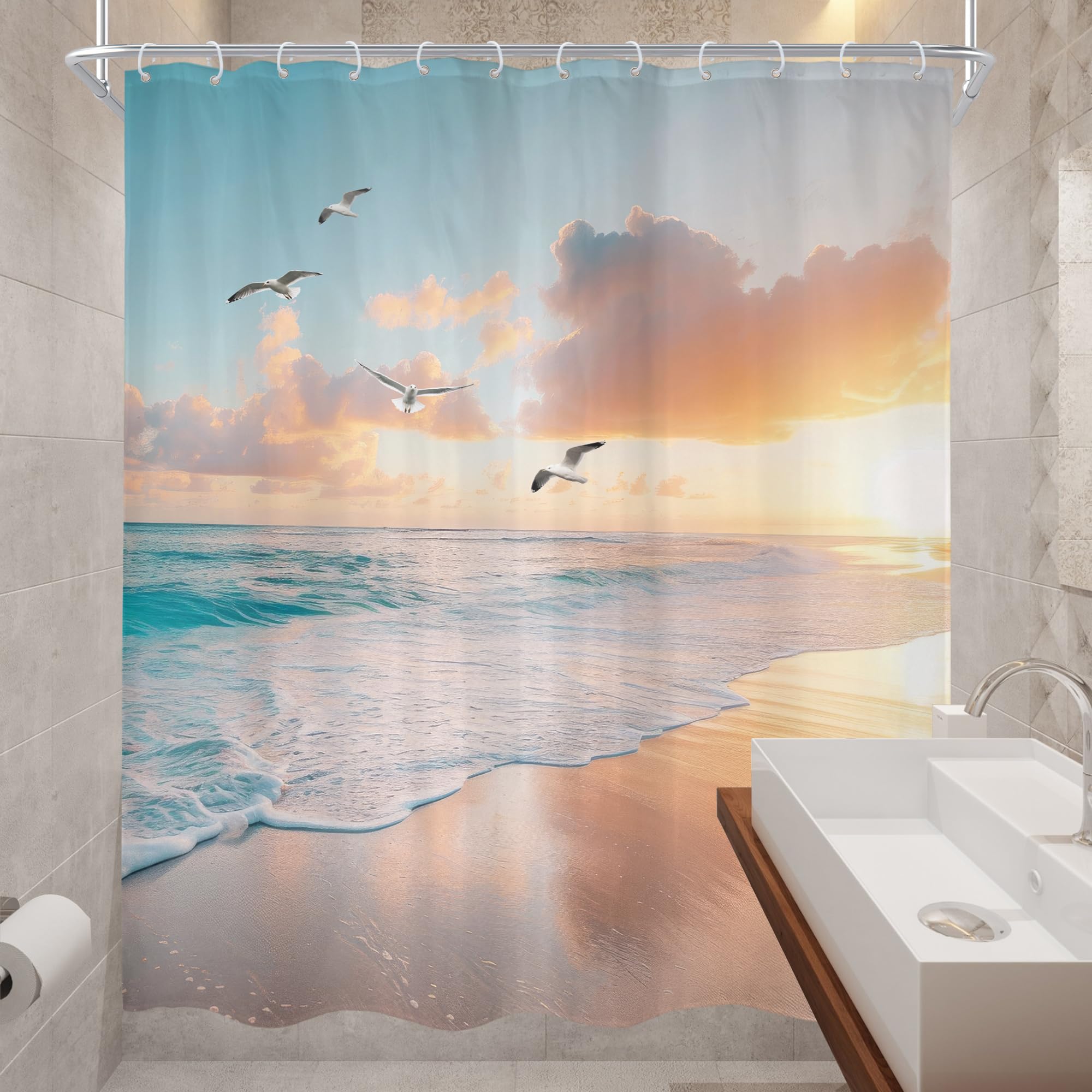 Cinbloo Beach Shower Curtain 60Wx72H Pink Blue Summer Ocean Coastal Sunset Sunrise Hawaii Tropical Bathroom Curtain Seaside Bird