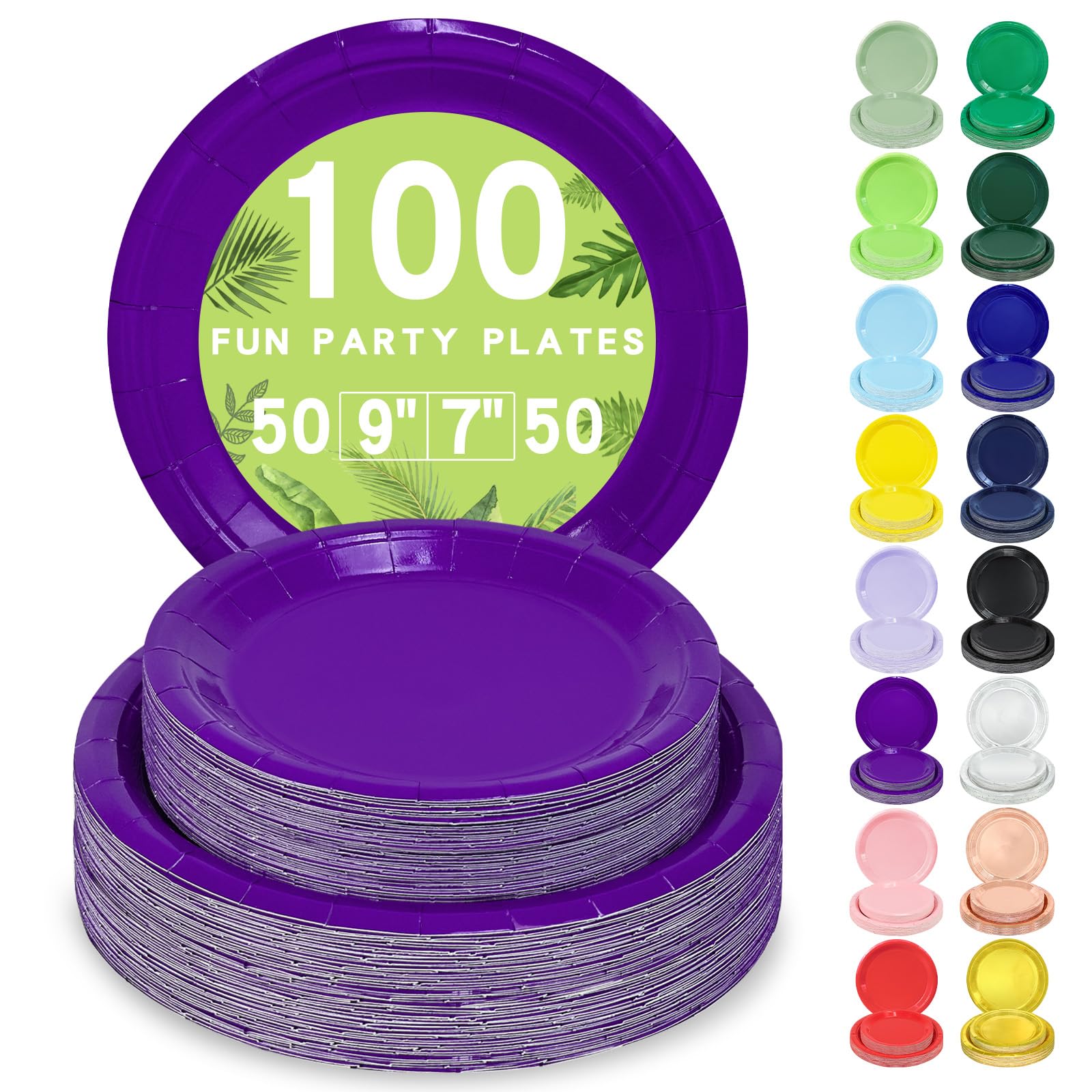 LANLISA 100 Purple Paper Plates Set Includes 50-9 & 50-7 Disposable Dessert Cake Paper Plates For Party Supplies
