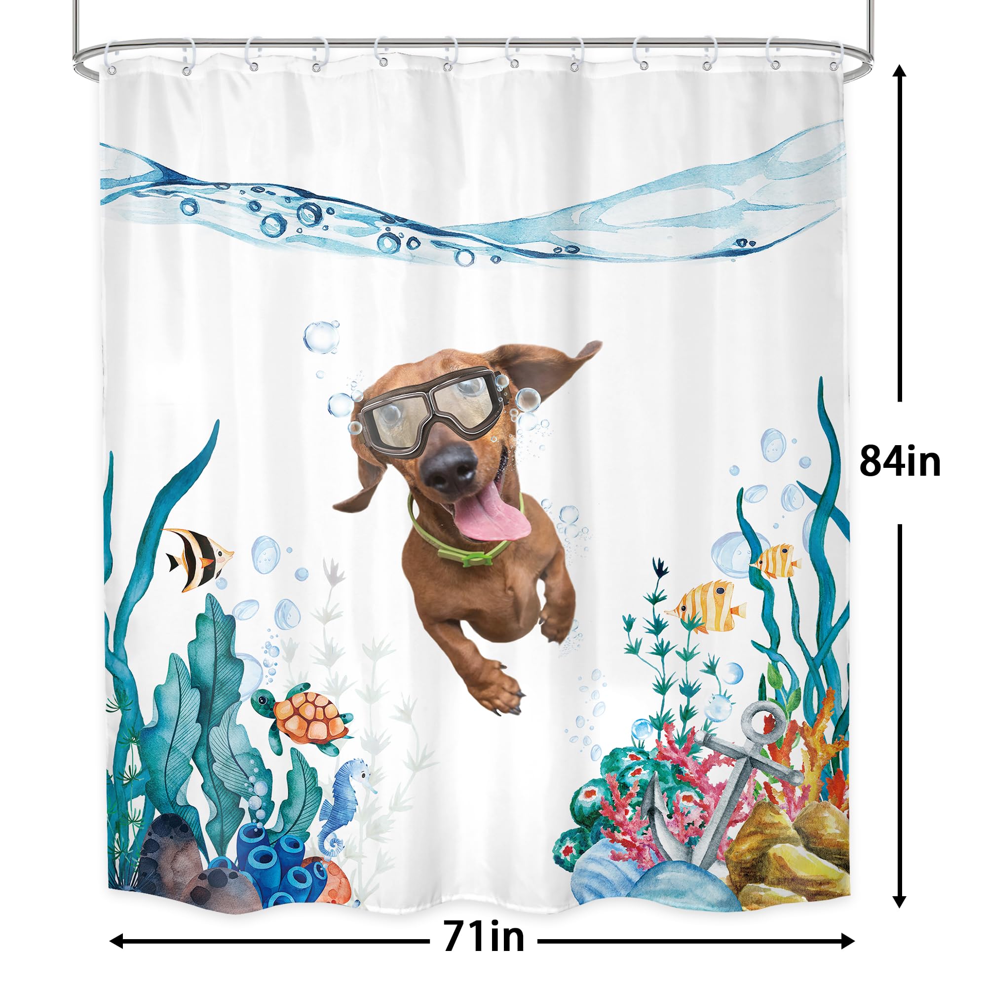 Lghtyro Funny Dog Kids Dachshund Shower Curtain Bathroom Set 71Wx84H Inches Extra Long Teal Blue Sea Ocean Nautical Cute Underwa