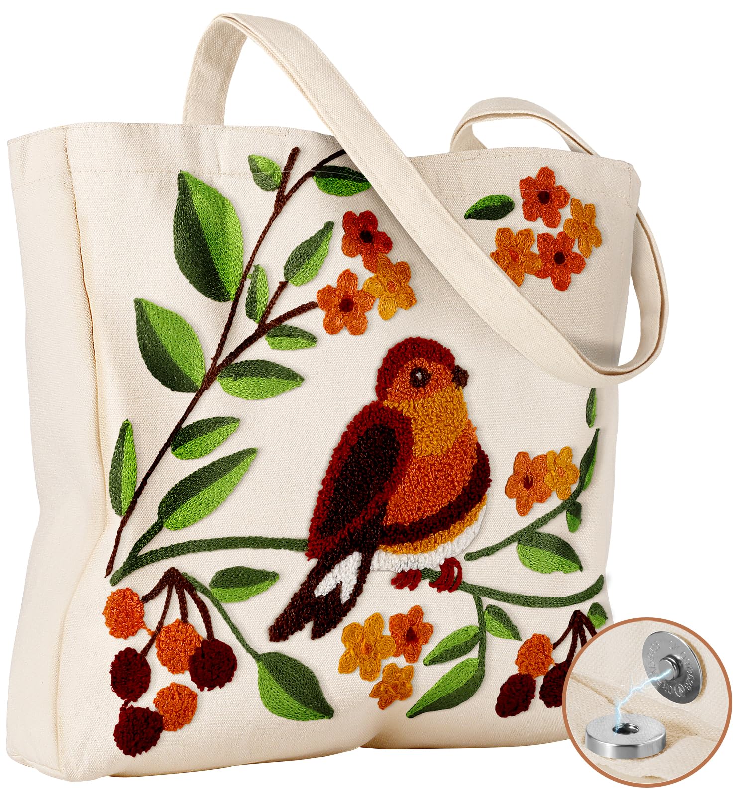Miss Adola Aesthetic Embroidery Tote Bag for Women - Reusable Canvas Cloth Shoulder Bag with Cute 3d Bird Plants Embroidered Des
