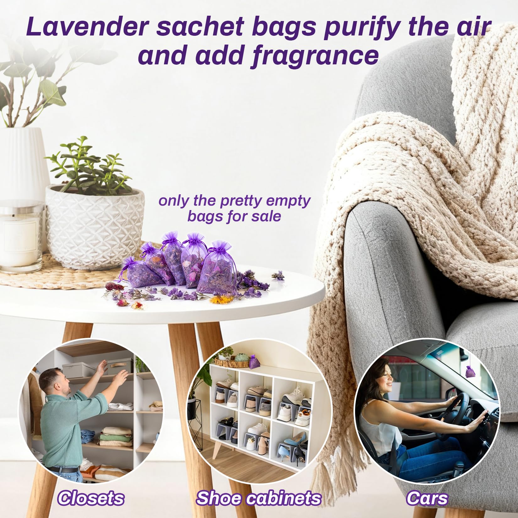 Sukh 50 Lavender Sachet Bags Empty - Purple Organza Bags 3x4 Sachets for Drawers and Closets Deodorizer Potpourri Bag Scented Sa