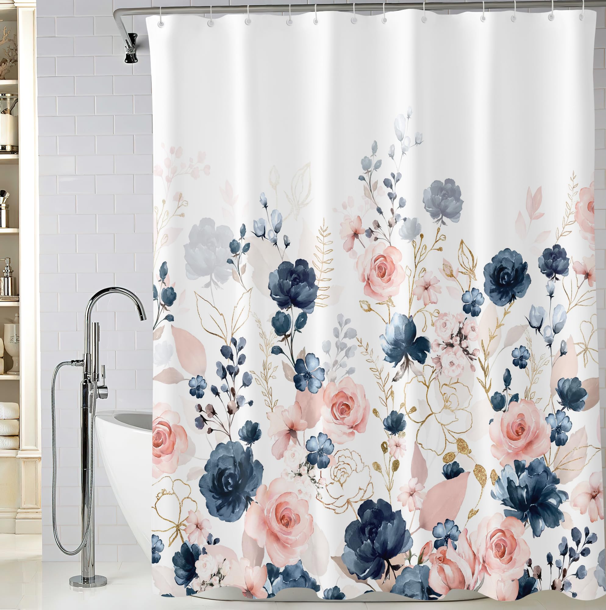 Bivinar Extra Long Navy Blue And Pink Roses Floral Shower Curtain 72 X 84 Inch, Watercolor Flowers Bathroom Shower Curtain, Wate