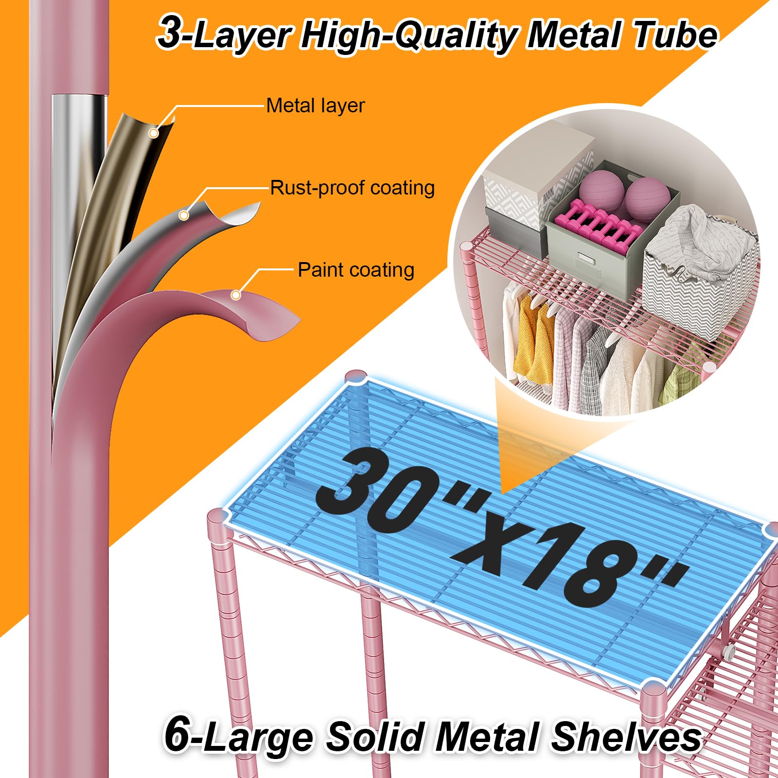 Raybee Pink Clothes Rack, Heavy Duty Clothing Racks For Hanging Clothes Load 835Lbs, Metal Freestanding Closet, Clothing Rack He