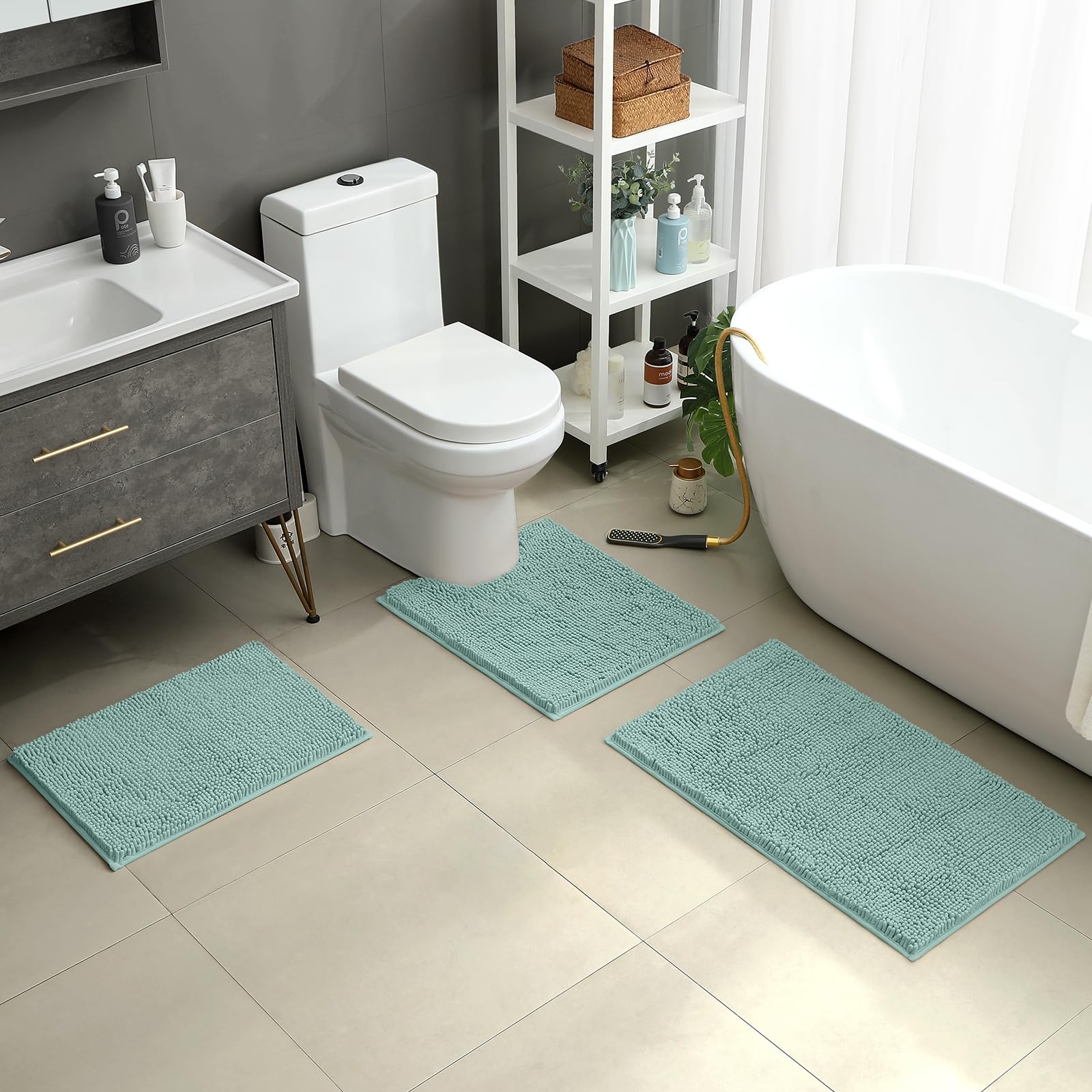 HOMEIDEAS 3 Pieces Bathroom Rugs  Ultra Soft Non Slip Absorbent Chenille Toilet Bath Mat Set (Eggshell Blue)