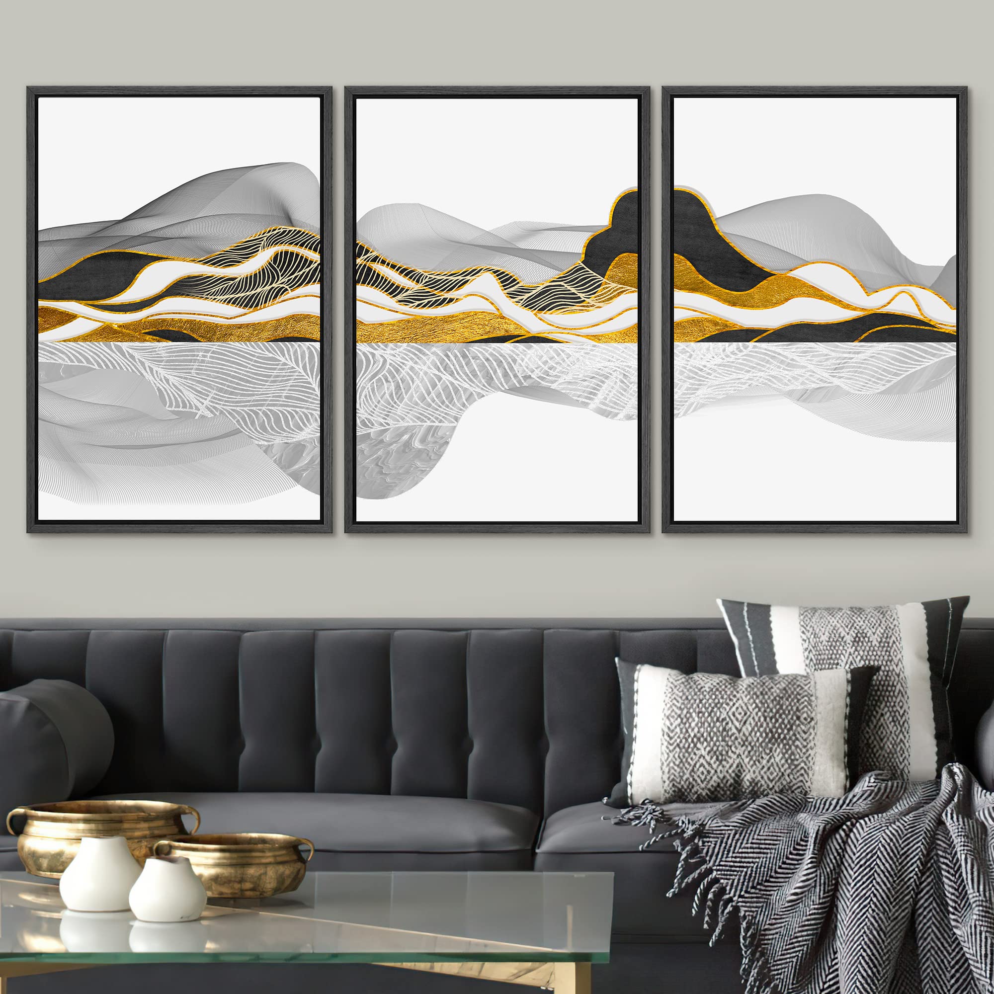 Signwin Framed Canvas Print Wall Art Set Gold Marble Wave Mountain Range Nature Wilderness Illustrations Modern Art Decorative N