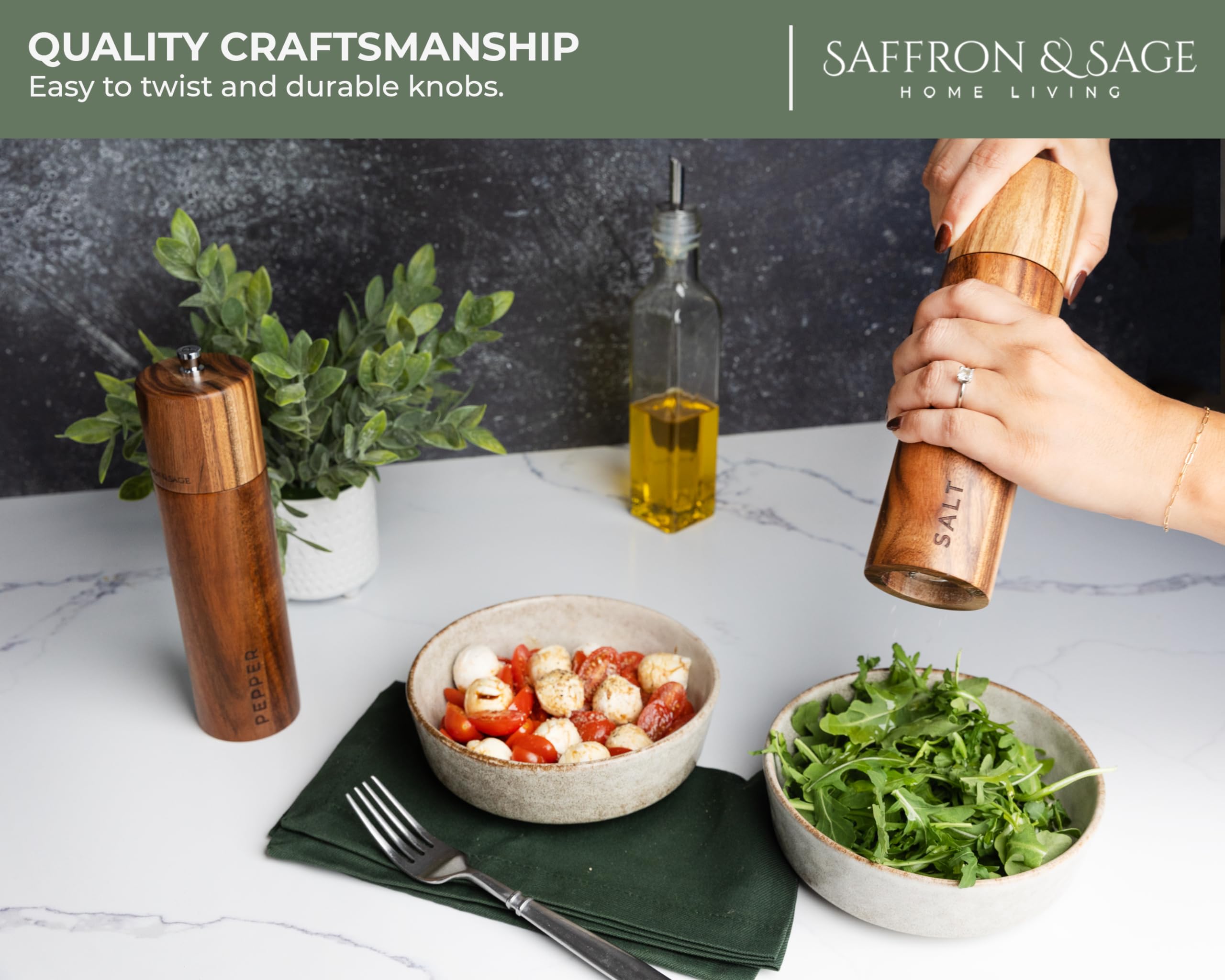Saffron & Sage Premium Acacia Wood Salt And Pepper Grinder Set Of 2-8    Tall Salt And Peppercorn Mill With Adjustable Coarse Se