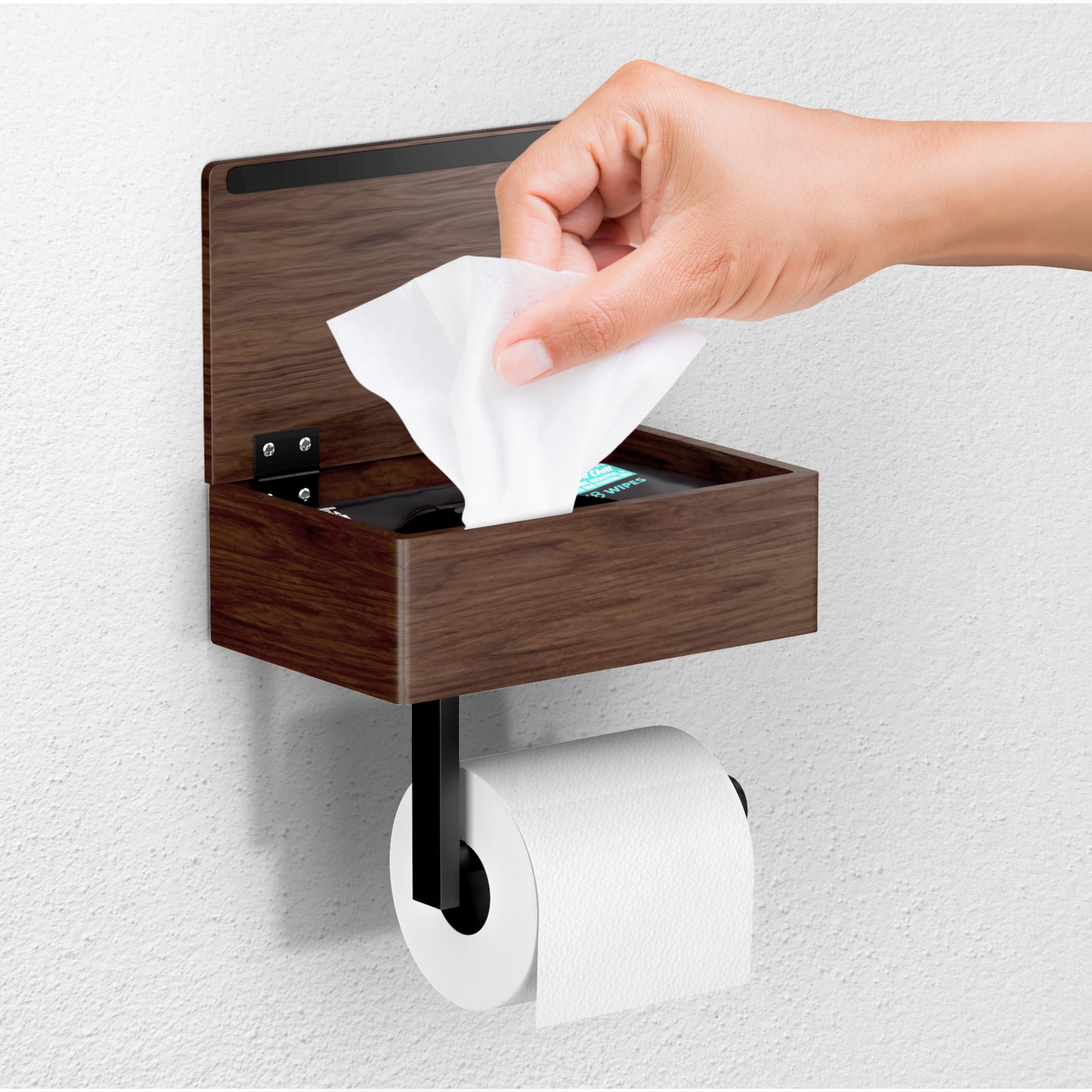 Day Moon Designs Wood Toilet Paper Holder-Wooden Wall Mount Toilet Paper Holder with Shelf as Flushable Wipes Dispenser Bathroom Storage Phone Holder Box Restroom Storage  Black Walnut Wood Dark Wood