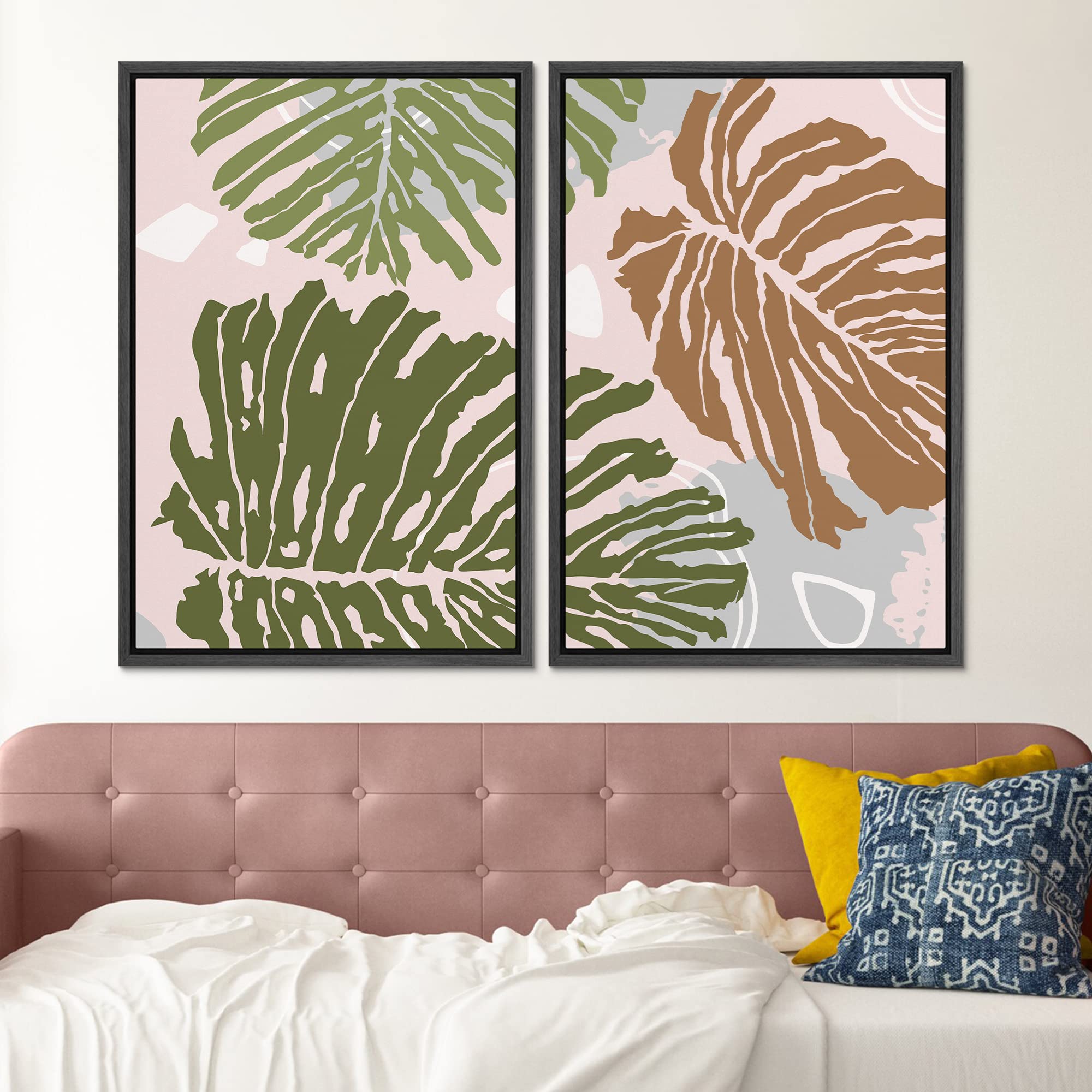 Signford Framed Canvas Print Wall Art Set Mid-Century Tropical Jungle Leaf Collage Abstract Shapes Illustrations Modern Art Deco
