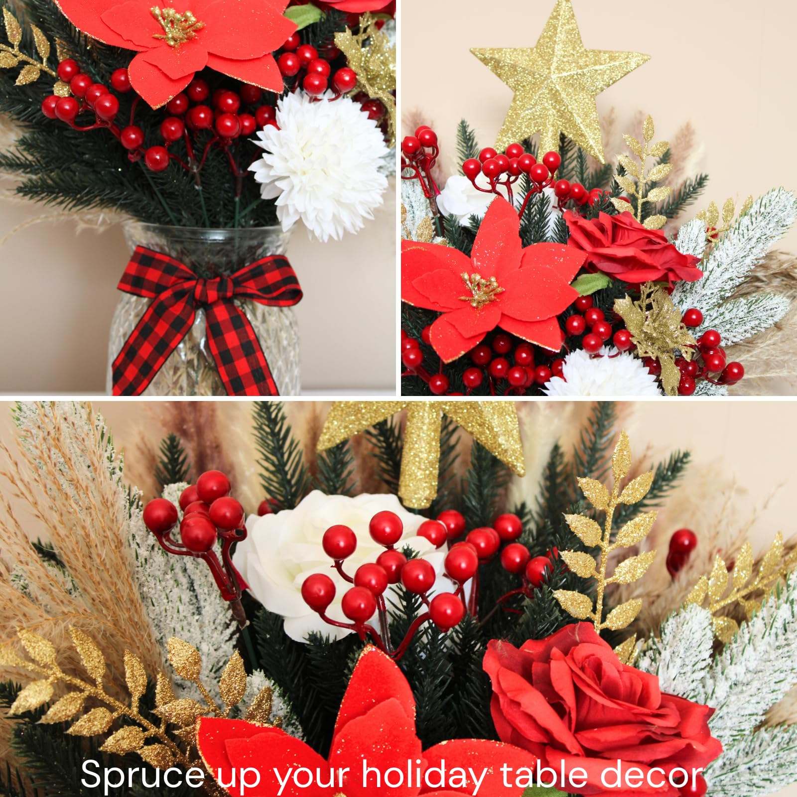 Christmas Centerpieces for Tables, Holiday Table Decor, 100pcs Christmas Floral Arrangements In Vase, Xmas Decorations For Coffe