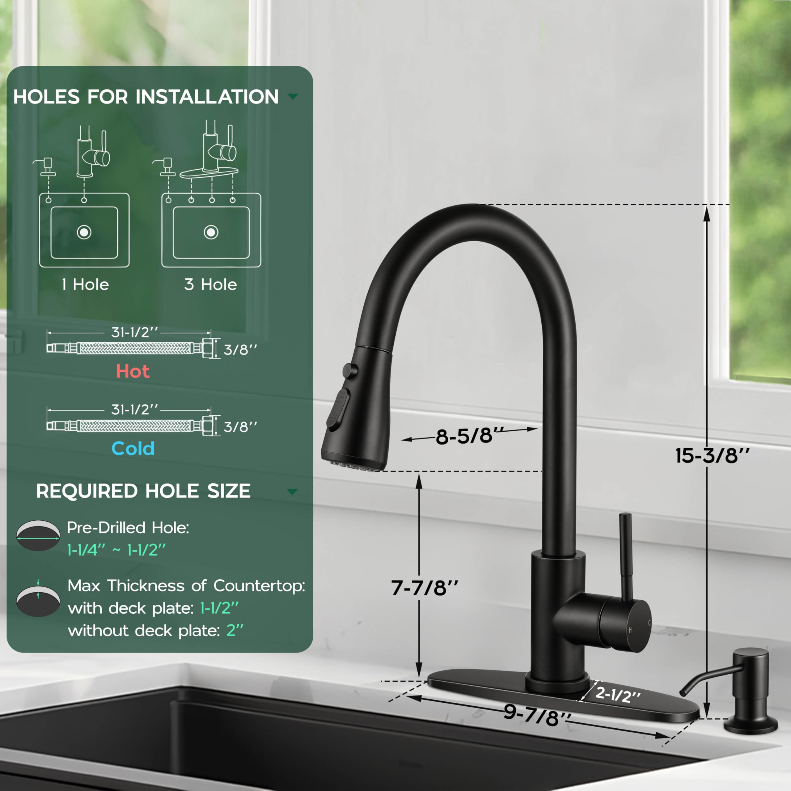 Onader Black Kitchen Faucet With Soap Dispenser Stainless Steel Single Handle Kitchen Sink Faucet With Pull Down Sprayer For Sin