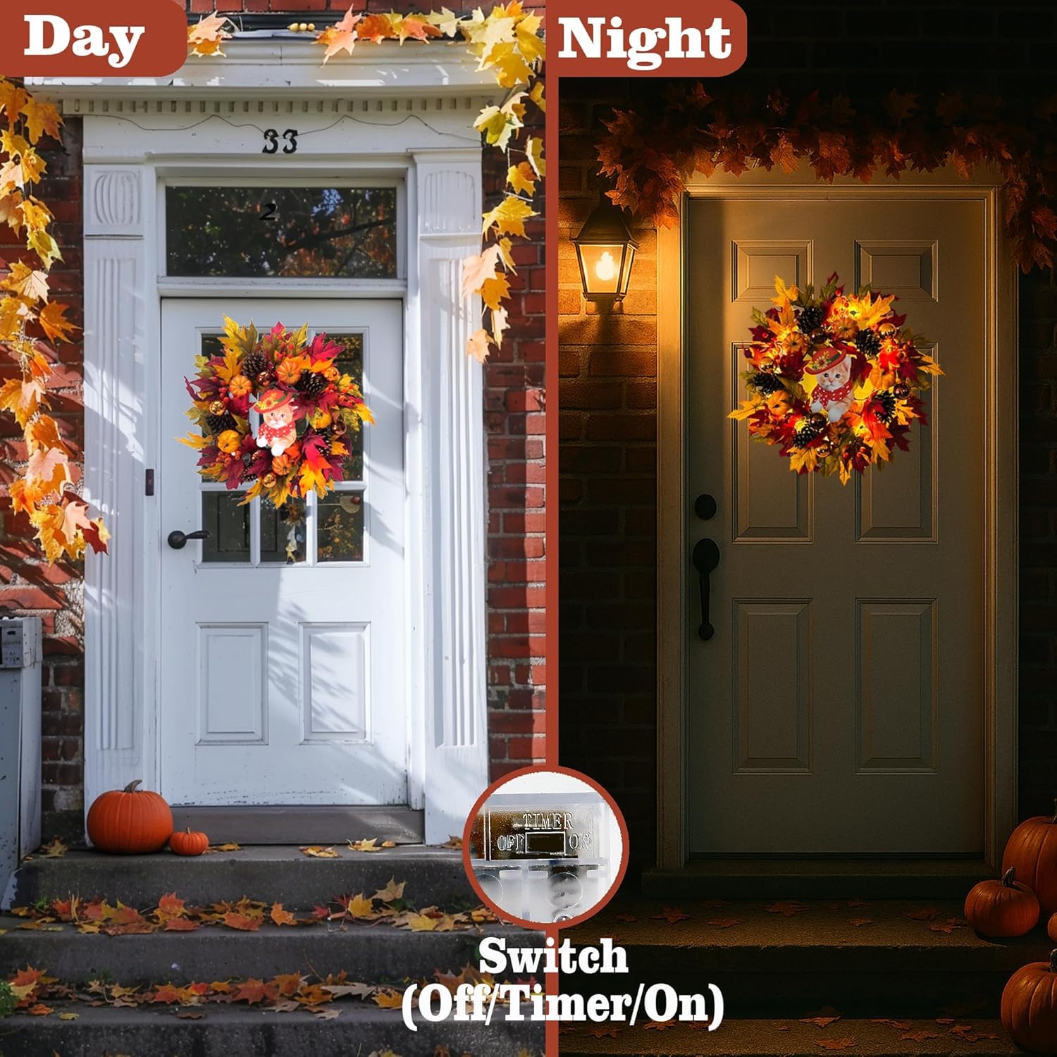 24 Fall Wreath with Pumpkins, Maple Leaves & Timer LED Lights - Autumn Front Door Wreath with Removable Cat Decor, Thanksgiving