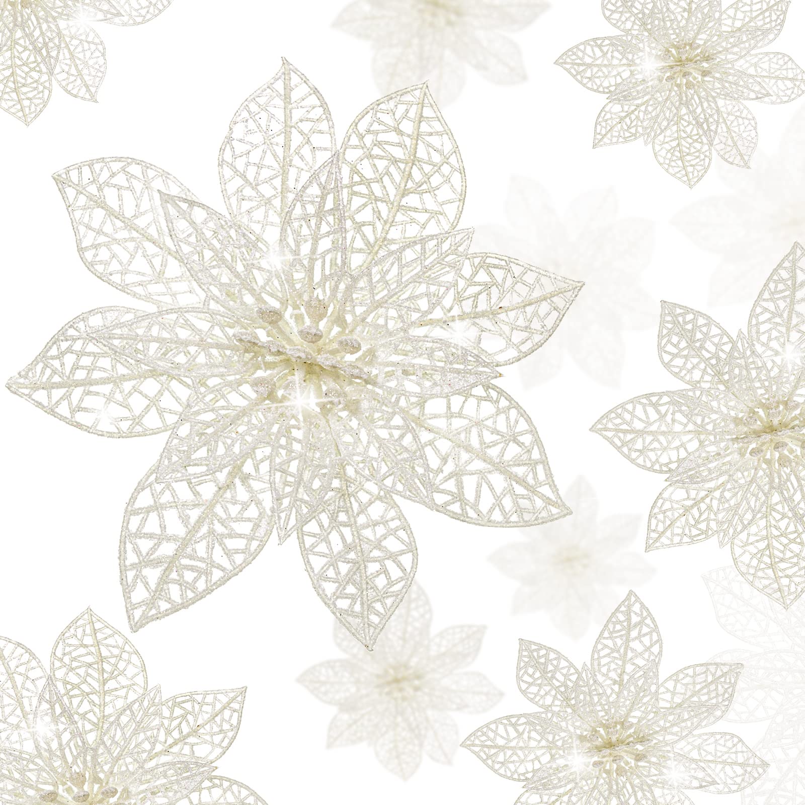 WILLBOND 36 Pieces Christmas Poinsettia Flowers Artificial Ornaments Glitter Christmas Decorations Tree Wedding New Year(White)