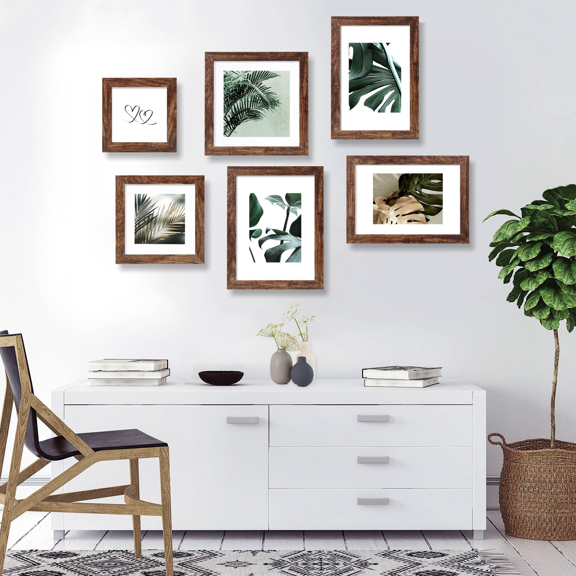 Hongkee 6x9 Picture Frame Set of 4, Made of Real Glass and Rustic Brown Wooden Frame - 6 by 9 Photo for Wall or Tabletop Display