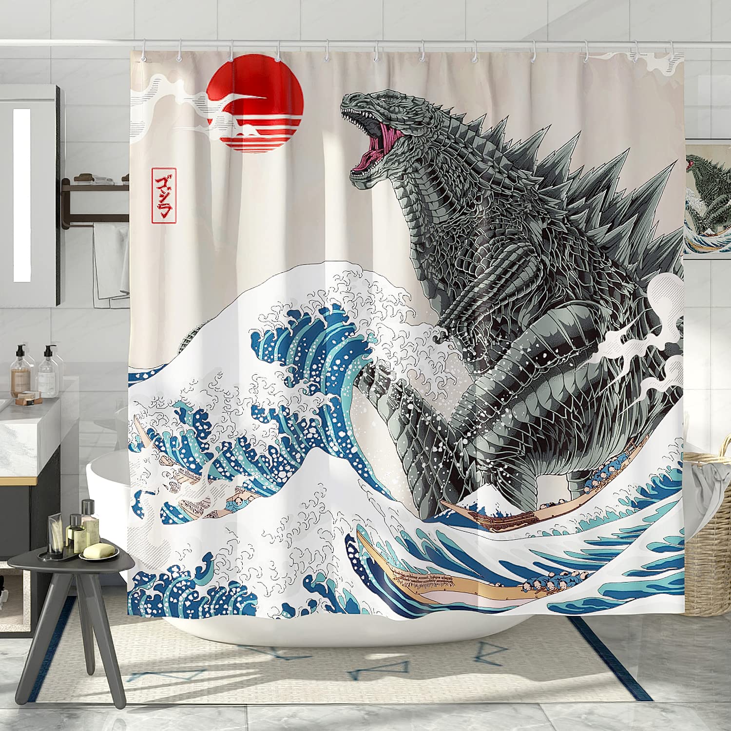Desihom Funny Tall Shower Curtain Set, Fun Anime Monster Shower Curtains For Bathroom Cool Asian Japanese Bathroom Decor Polyest