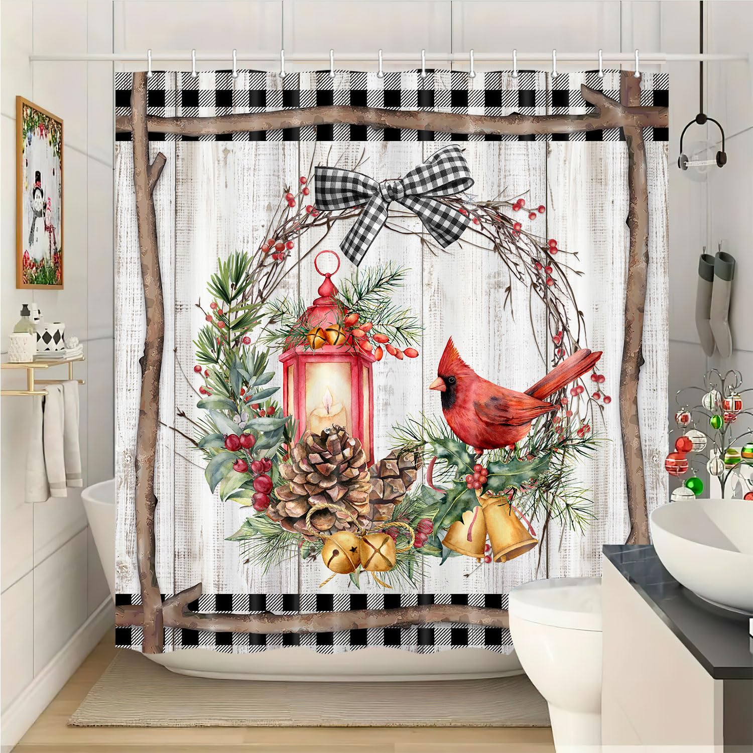 Wathon Rustic Snow Forest Shower Curtain, Snowy Teal Green Countryside Landscape Bath Curtain Christmas Pine Tree Cardinal Deer
