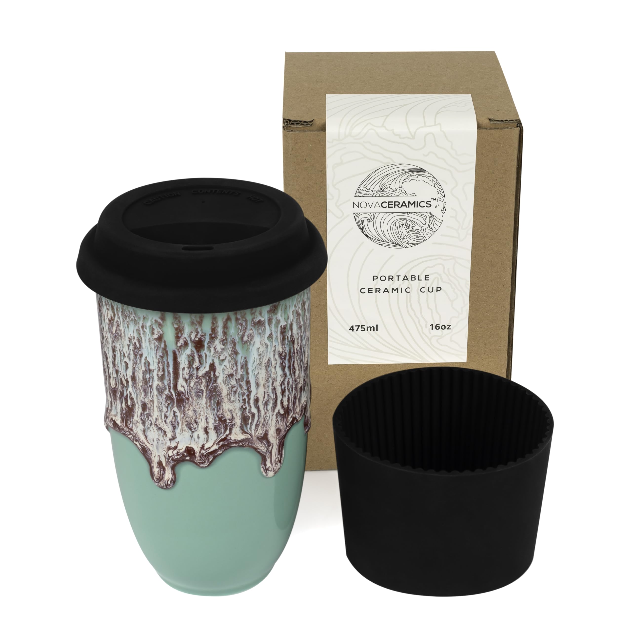 NOVA CERAMICS Travel Mug On the Go Coffee Tumbler Microwave & Dishwasher Safe Green Tumbler - Gifts For Women Men Him Her 16oz N