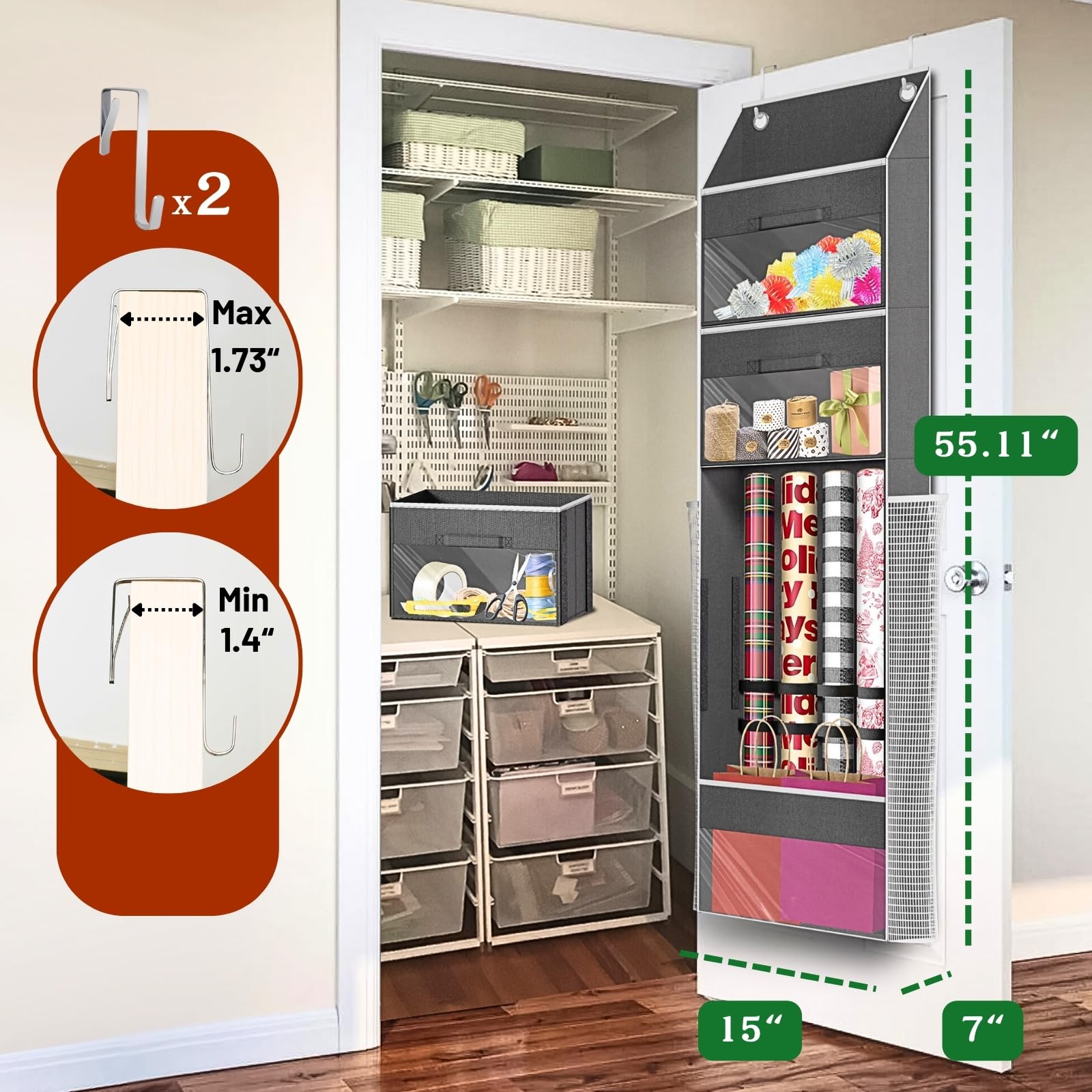 Over Door Wrapping Paper Organizer Storage with 3 Removable Drawers & Side Pockets - Dual Use Design with Elastic Straps - Chris