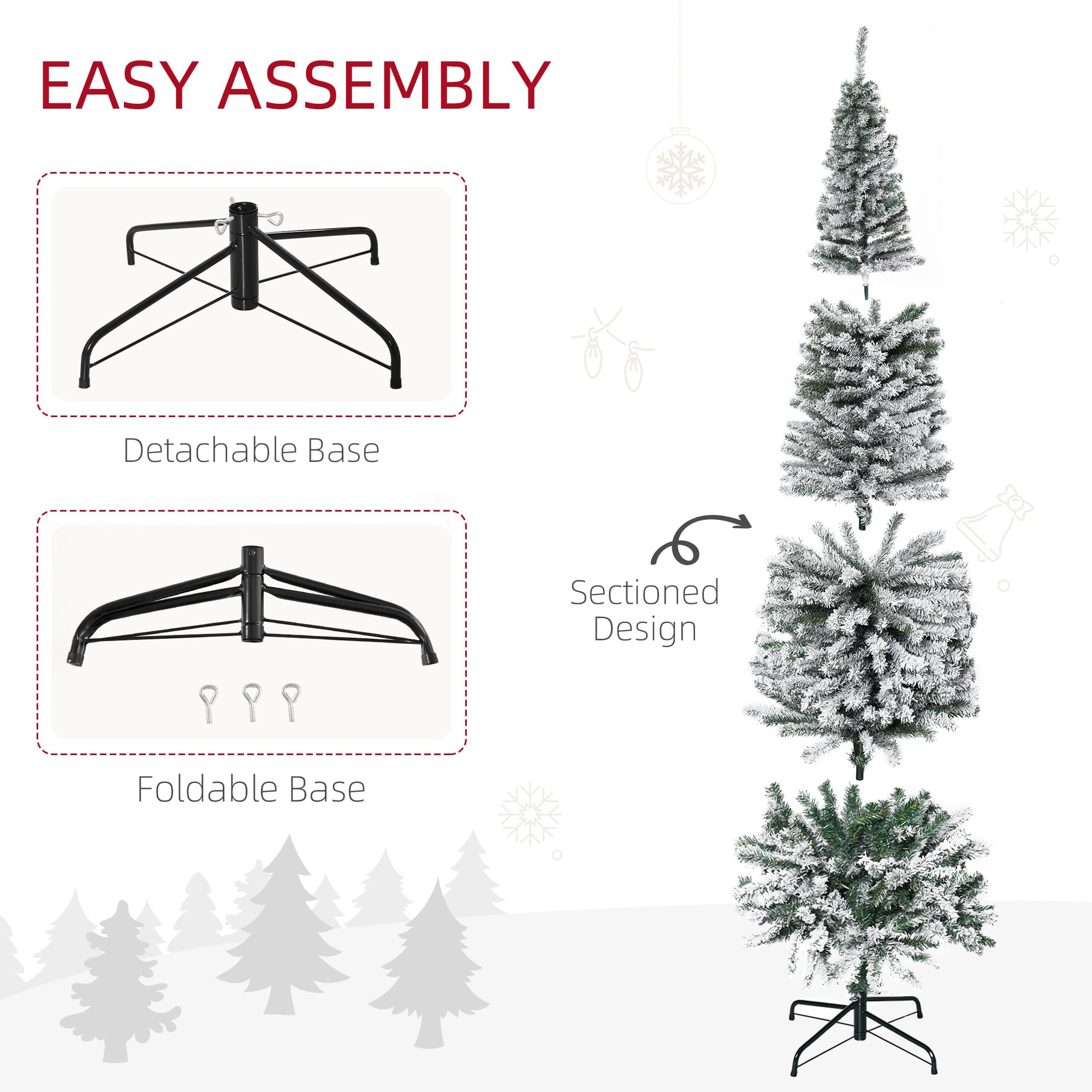 HOMOM 7.5ft Flocked Christmas Tree, Pencil Artificial Xmas Tree with Faux Snow, Dense Branches, Foldable Metal Base for Indoor H