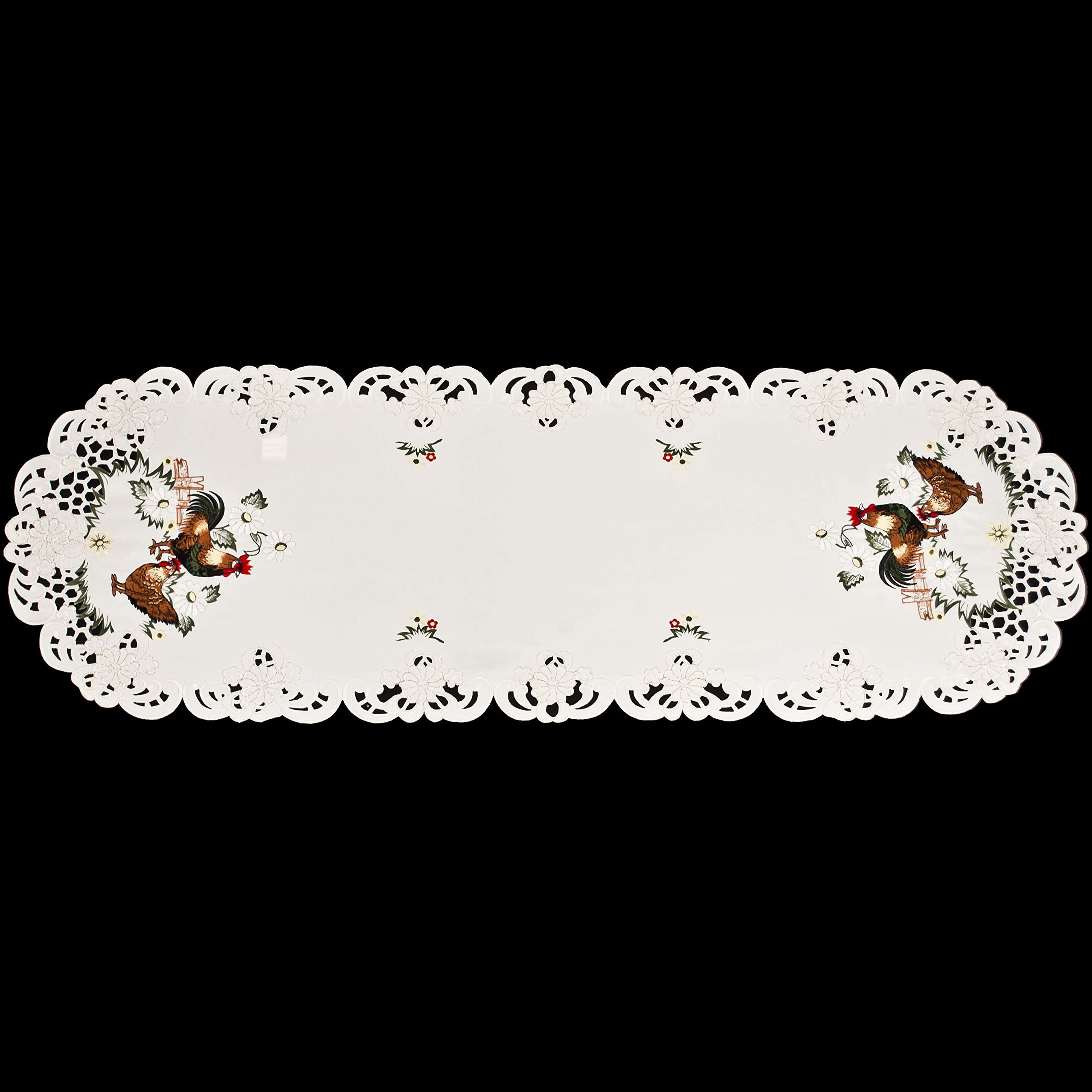 Embroidered Rooster Country Chic Lace Farmhouse Table Runner, Dresser Scarf, Coffee Table Runner (15Wx54L)