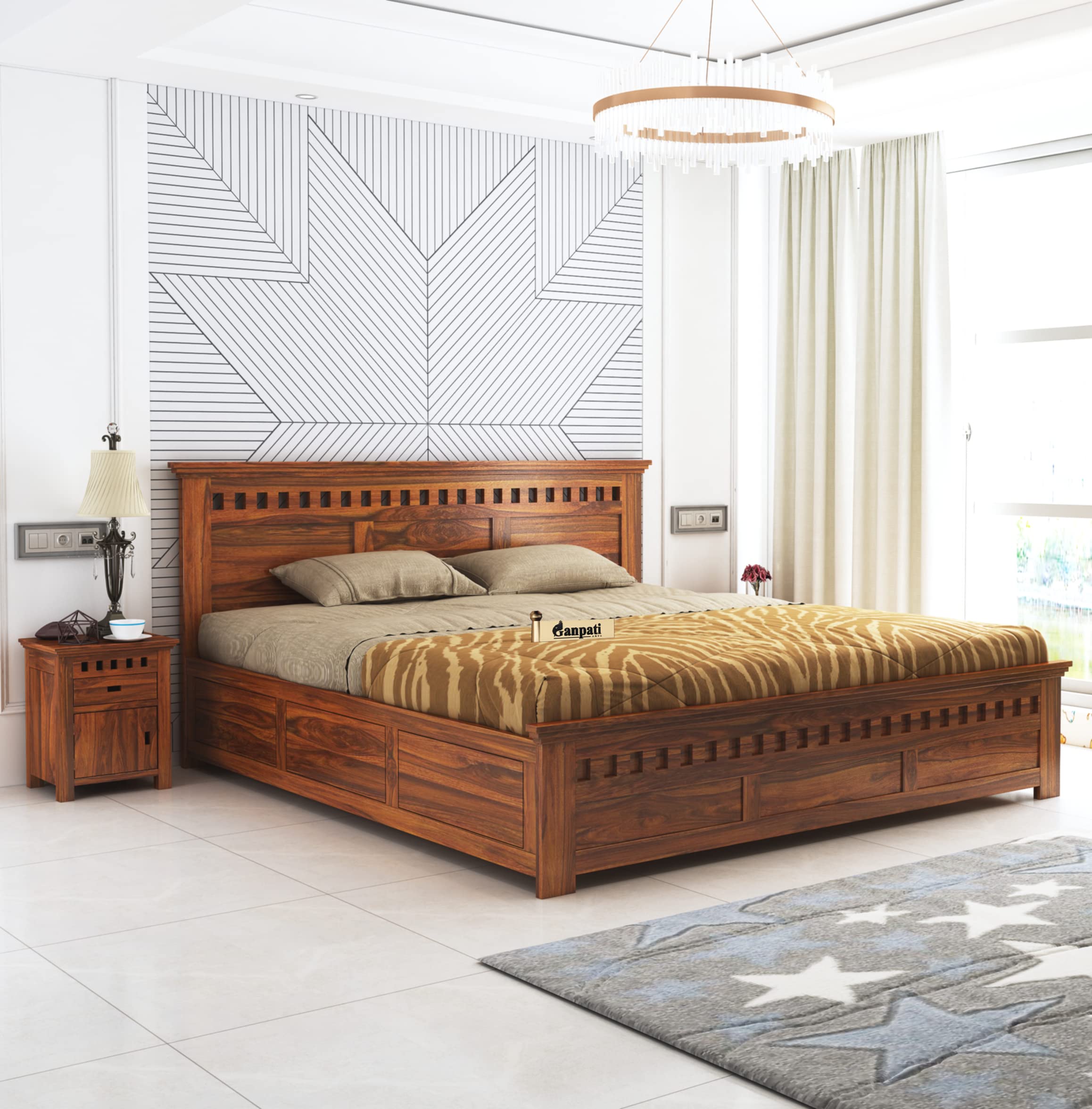 Ganpati Arts Sheesham Wood Armania King Size Bed With Box Storage For Bedroom Living Room Wooden Double Bed Palang (Natural Fini