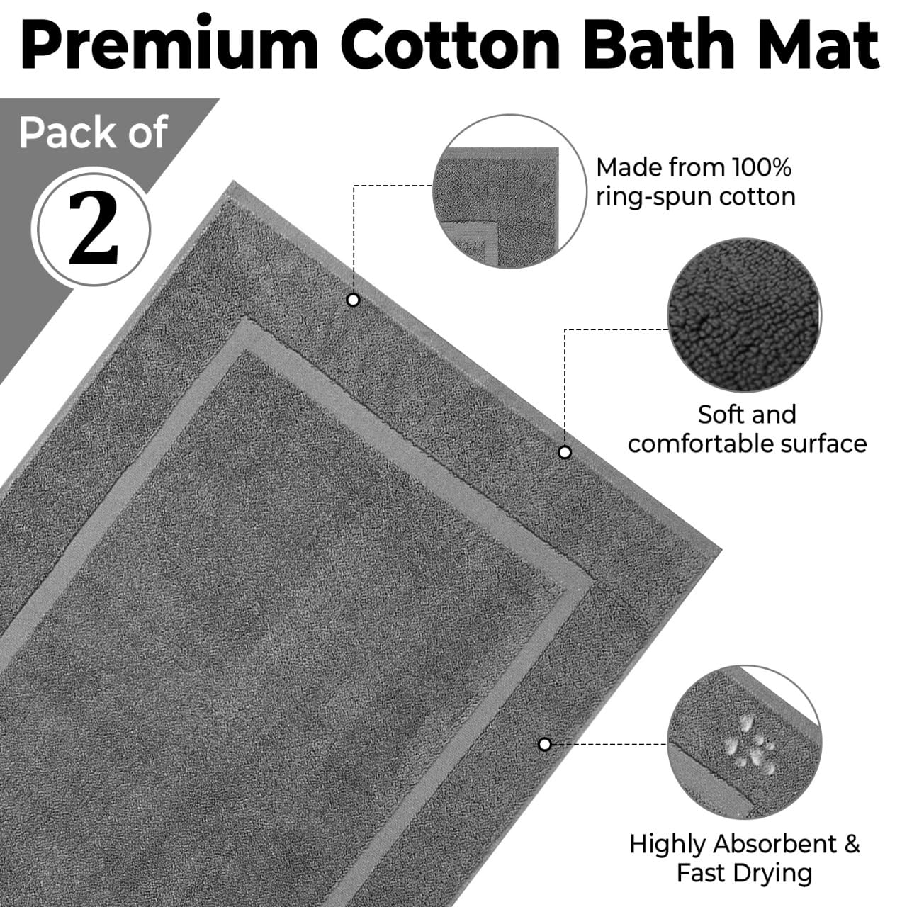 Eco Towels Cotton Banded Bath Mats 2 Pack, [Not A Bathroom Rug], 22''X34'' (Grey)