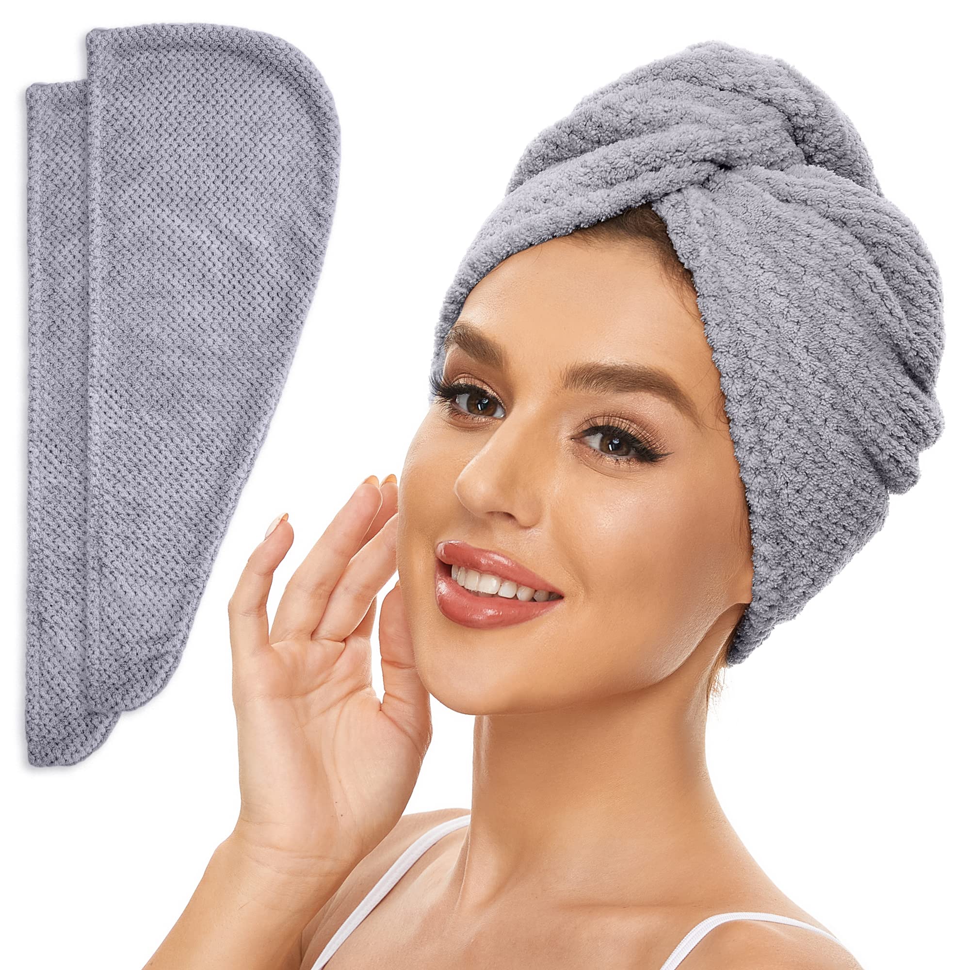 SimpleField 2 Pack Microfiber Hair Towel Wrap for Women, Anti Frizz Quick Drying Hair Turban for All Hair Style, Absorbent and L