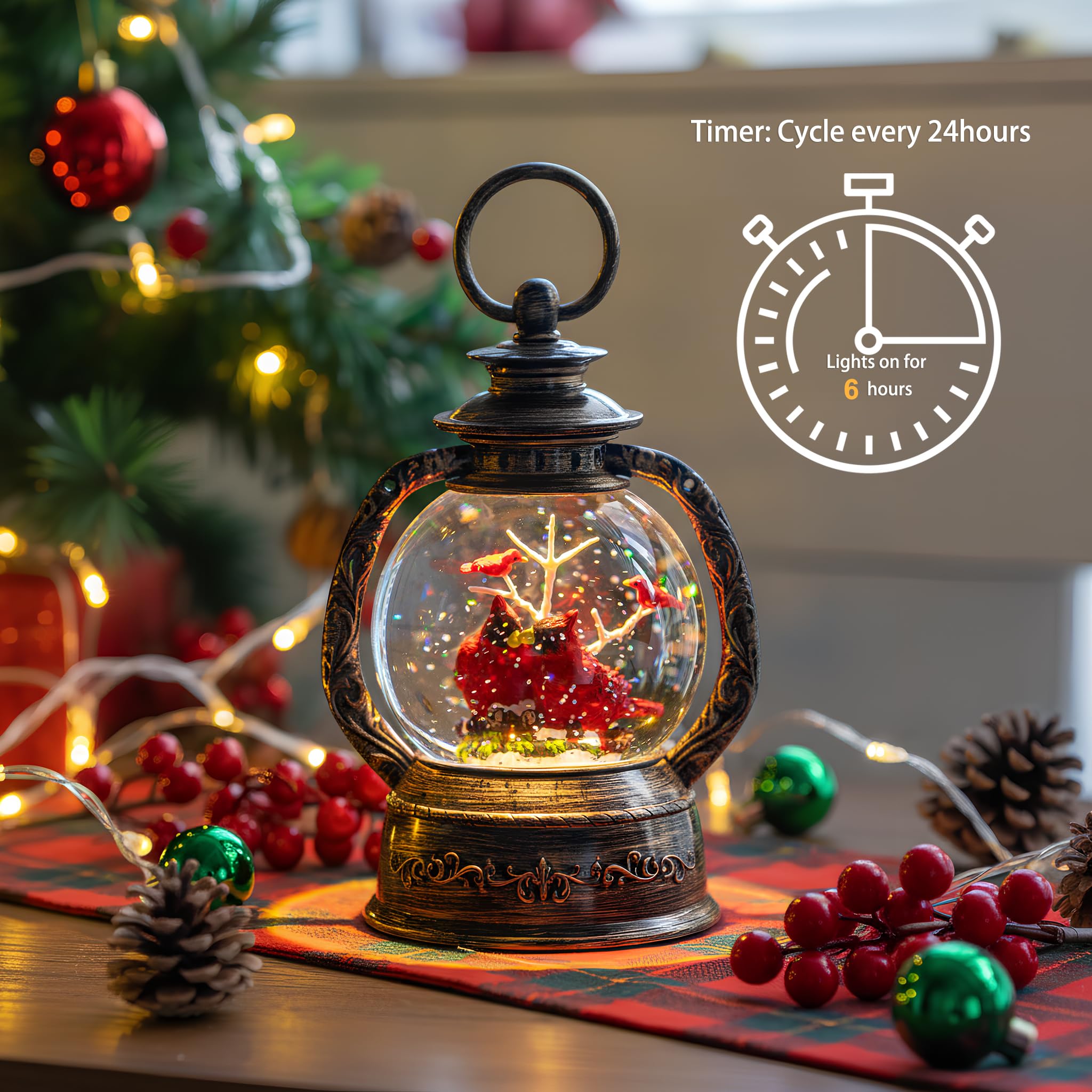 Christmas Snow Globe Lantern Water Glittering Cardinal with Music, USB Lined/Battery Operated Lighted Lantern for Christmas Fest