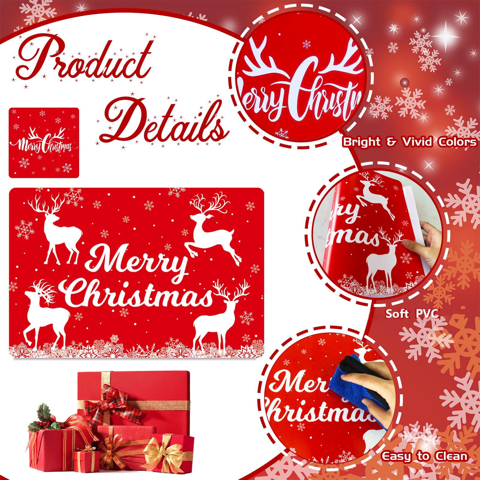 12Pcs Christmas Pvc Placemats Coasters Set, Rectangular Reindeer Elk Snowflake Dining Table Place Mats, Washable Heat-Resistant
