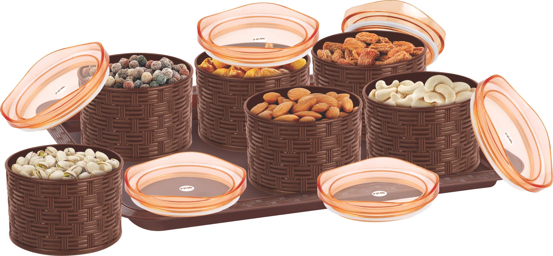 Porpoise 6 Pcs Dry Fruits Box With Lid & Serving Tray Plastic & AirTight, Storage Container (Dark Brown)
