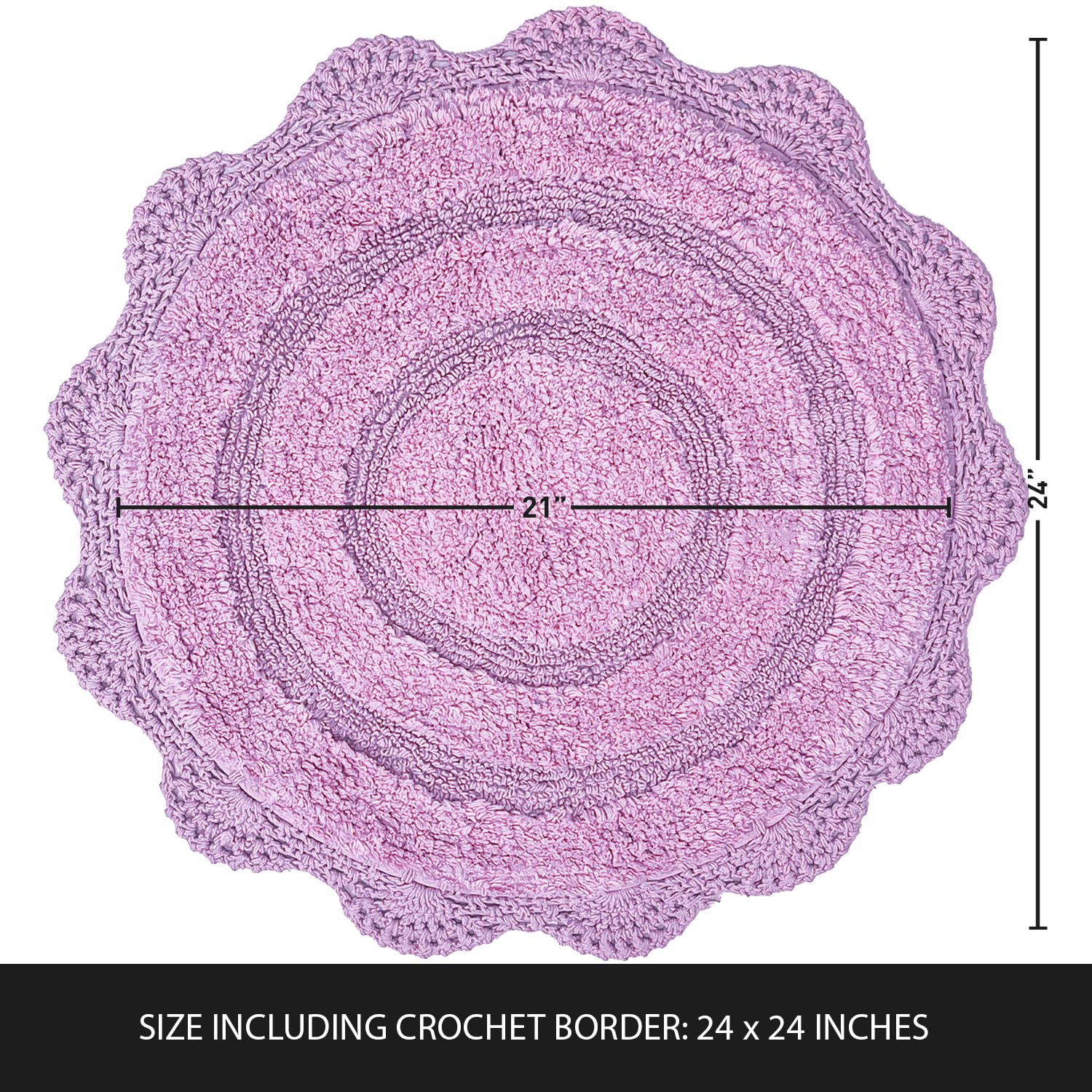 Chardin Home Lavender Crochet Bathrug,100% Cotton Round Bathmat With Artisanally Handcrafted Crochet Border, 24 Inch Diameter, P