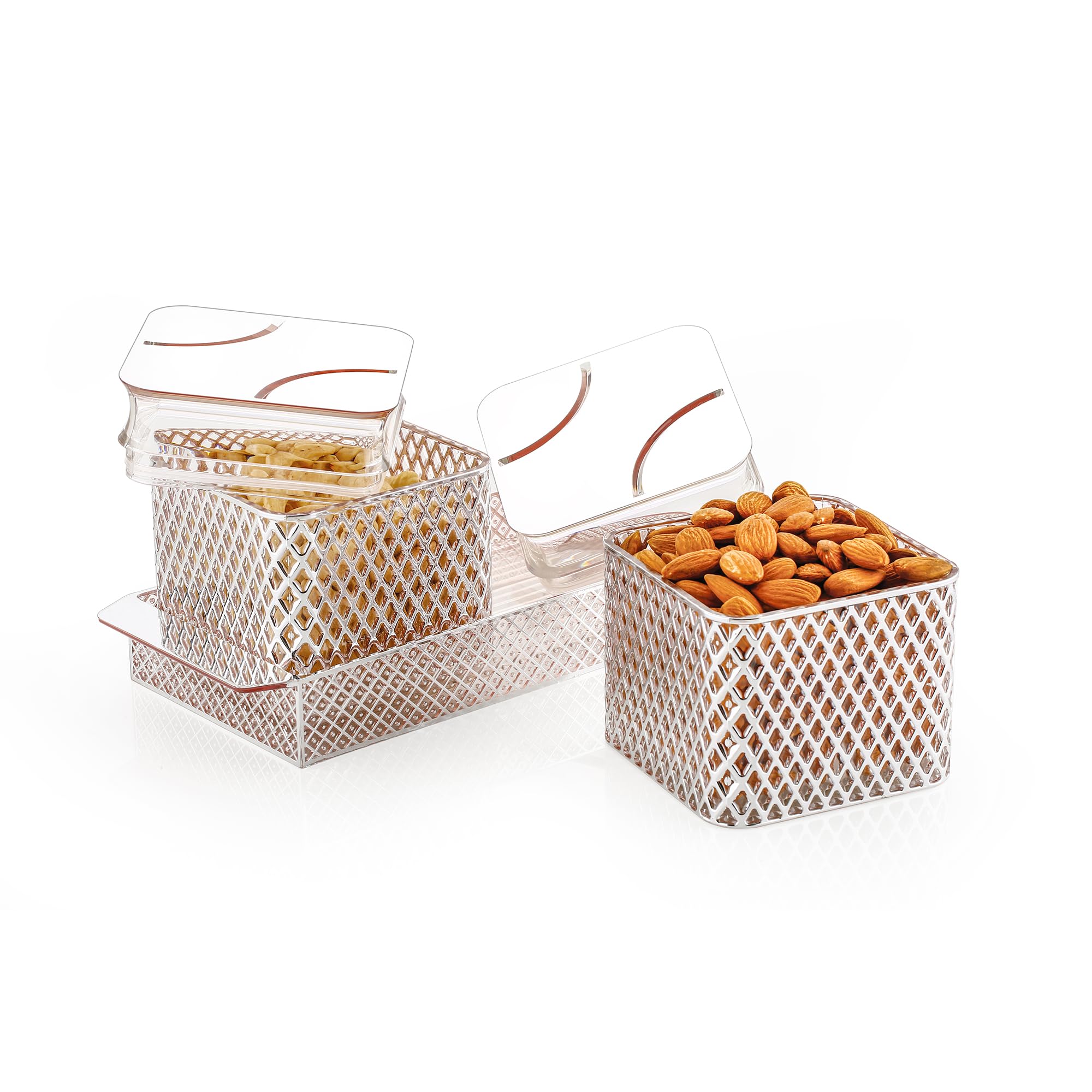 Pearlpet Fiesta AirTight Dry Fruit Container Tray Set With Lid & Serving Tray, Gift Set, 500 Ml, Set Of 2 | Silver