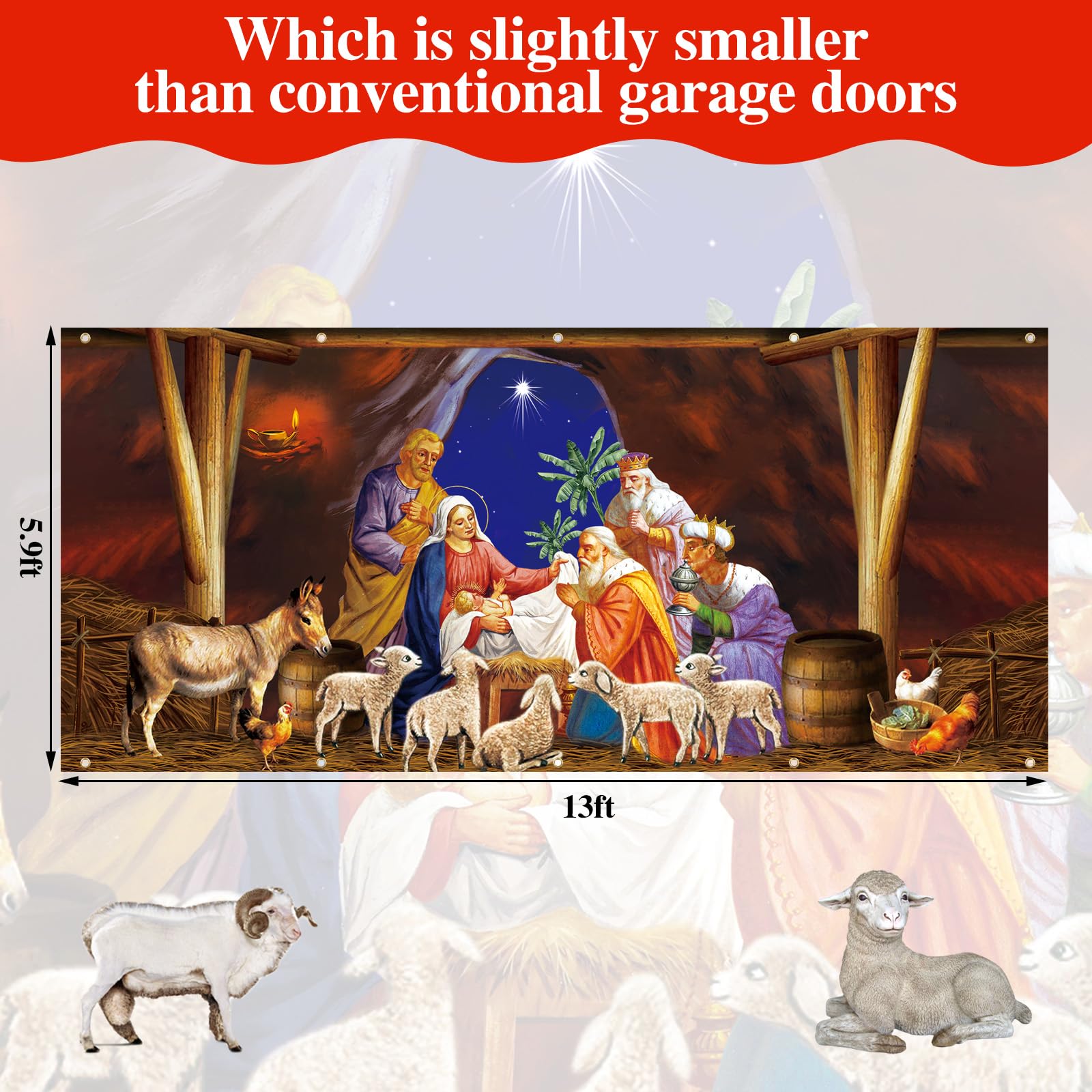 Wesiti Christmas Nativity Garage Door Cover 6 x 13 ft Religious Jesus Merry Christmas Garage Door Banner Backdrop Nativity Scene