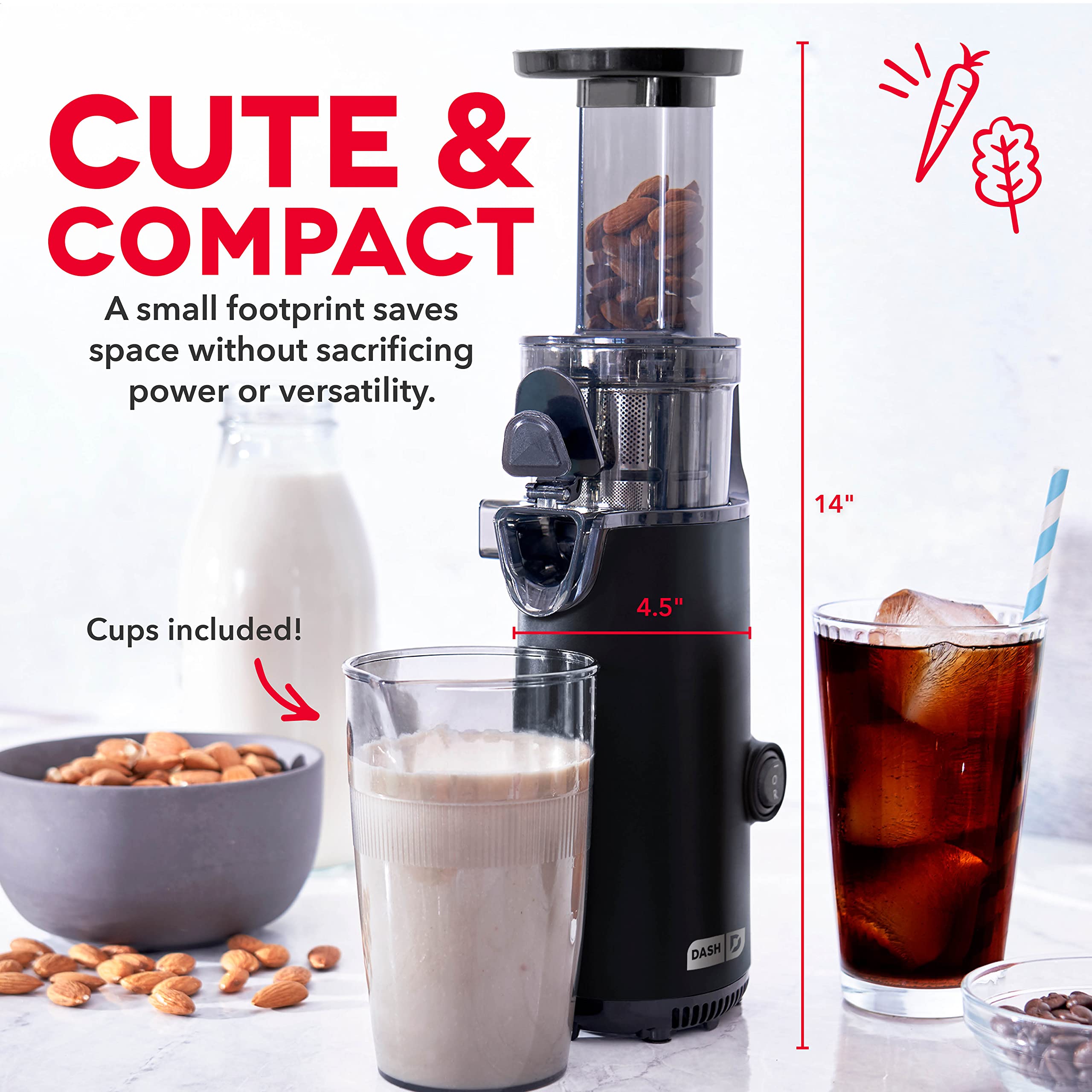 DASH Deluxe Compact Masticating Slow Juicer  Easy to Clean Cold Press Juicer with Brush  Pulp Measuring Cup  Frozen Attachment and Juice Recipe Guide - Black