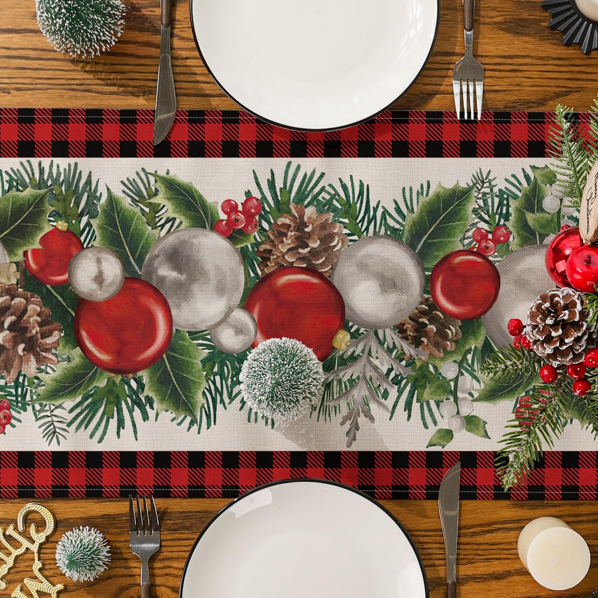 Siilues Christmas Table Runner, Buffalo Plaid Christmas Ball Decorations Christmas Runner For Table Seasonal Winter Decor For In