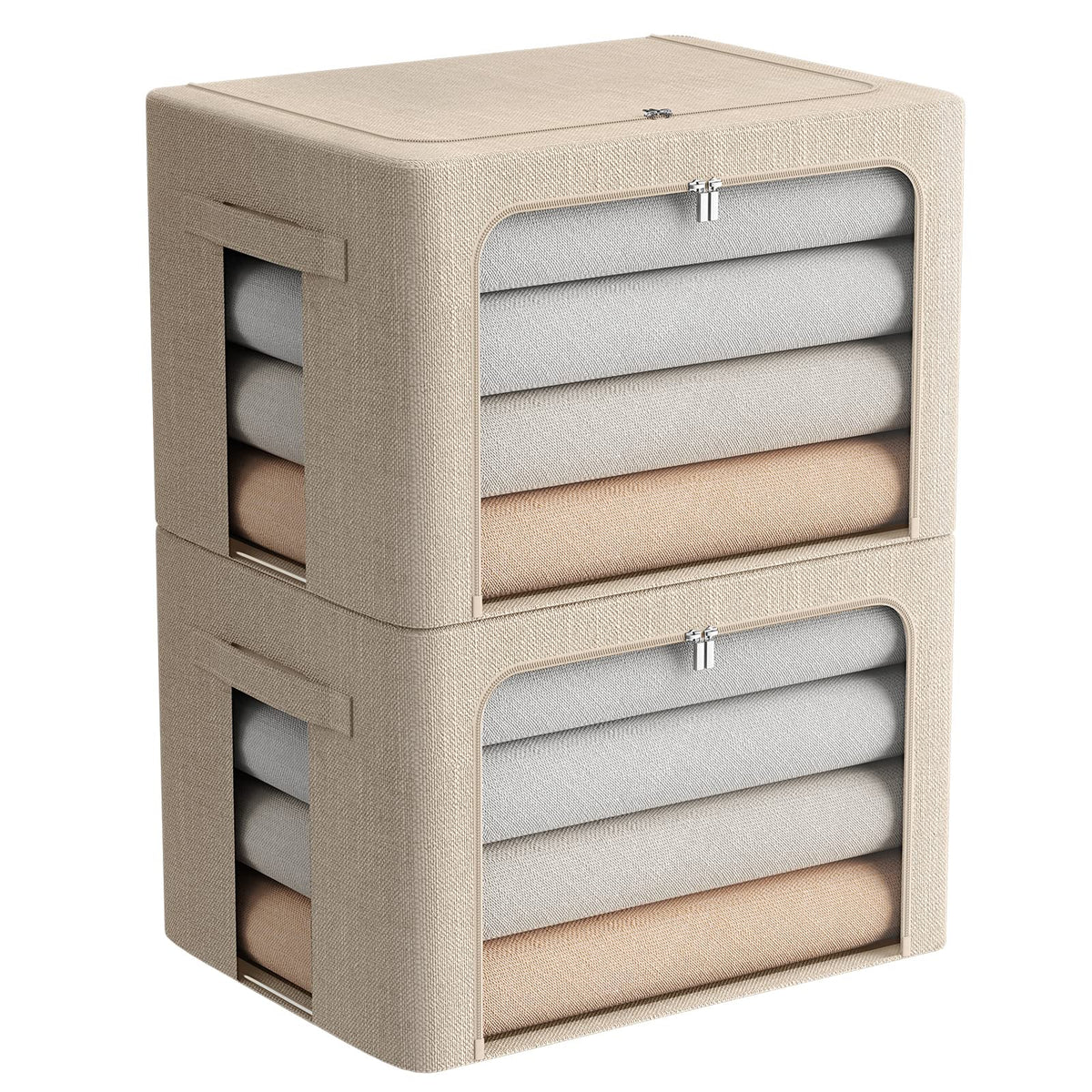 2 Pack Clear Window Storage Bins - Large Foldable Fabric Storage Bins Boxes for Clothes - Stackable Box Organizer Set with Carry