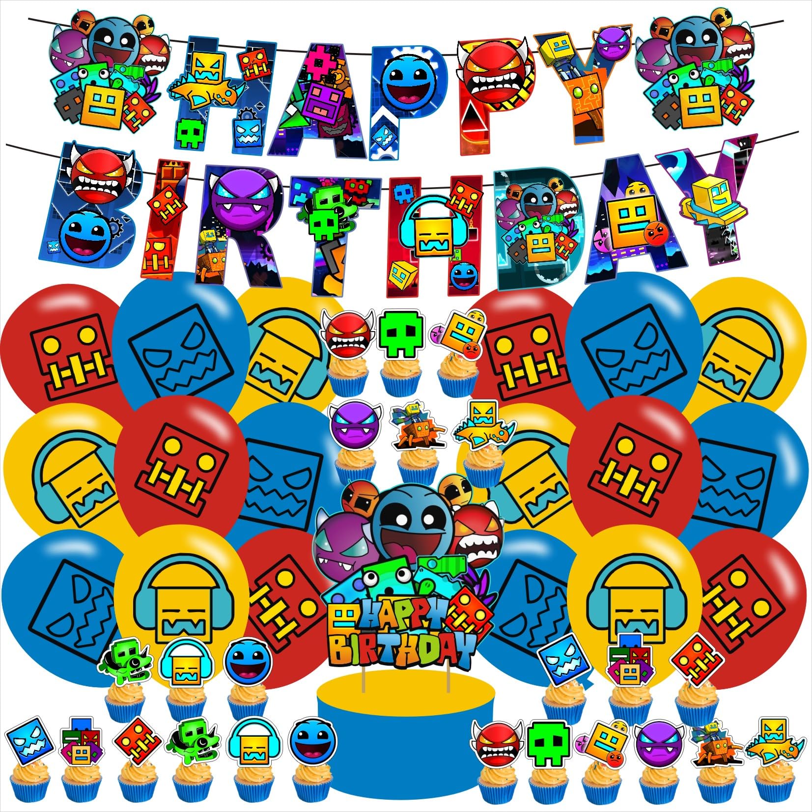 Geometry Dash Birthday Party Supplies Favors For Boys Kids Geometry Dash Birthday Party Decorations Including Banner Cake Cupcak