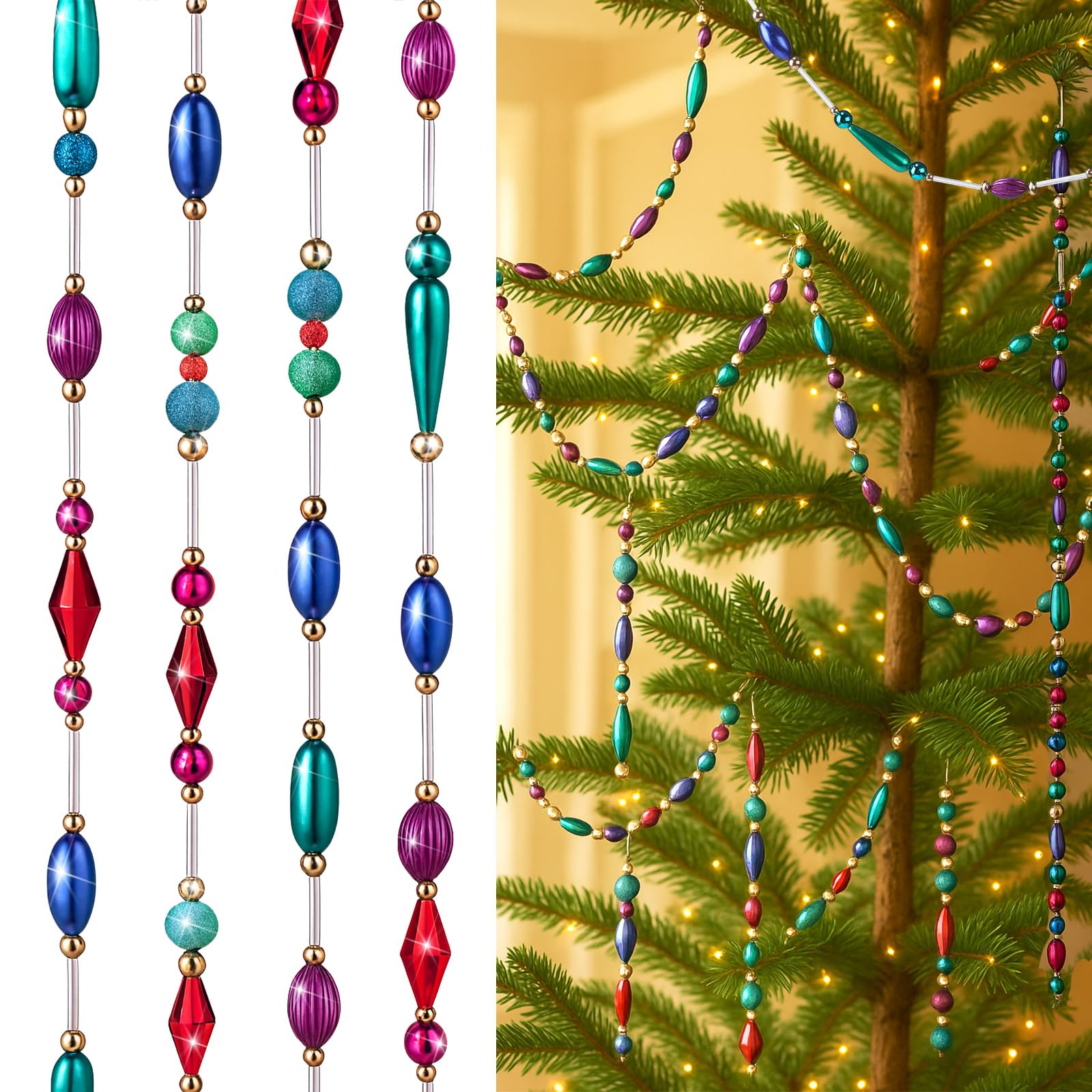 Suncalla 24 Feet Exquisite Christmas Tree Decor Acrylic Beads Xmas Tree Garland Multicolor Glitter Hanging Bead Decorations Garl
