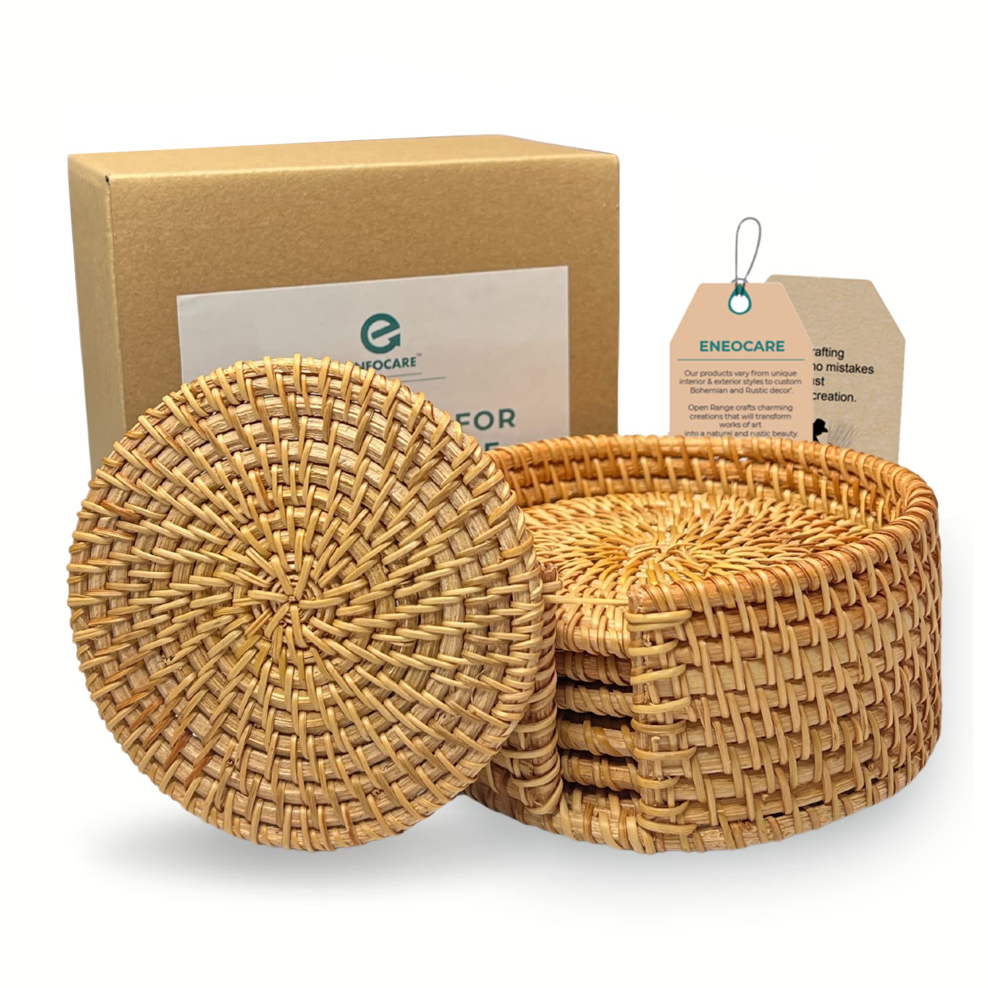 Eneocare Handmade Natural Rattan Coasters For Drinks, Wicker Boho Coasters, Woven Coasters For Drinks | Heat Resistant Reusable