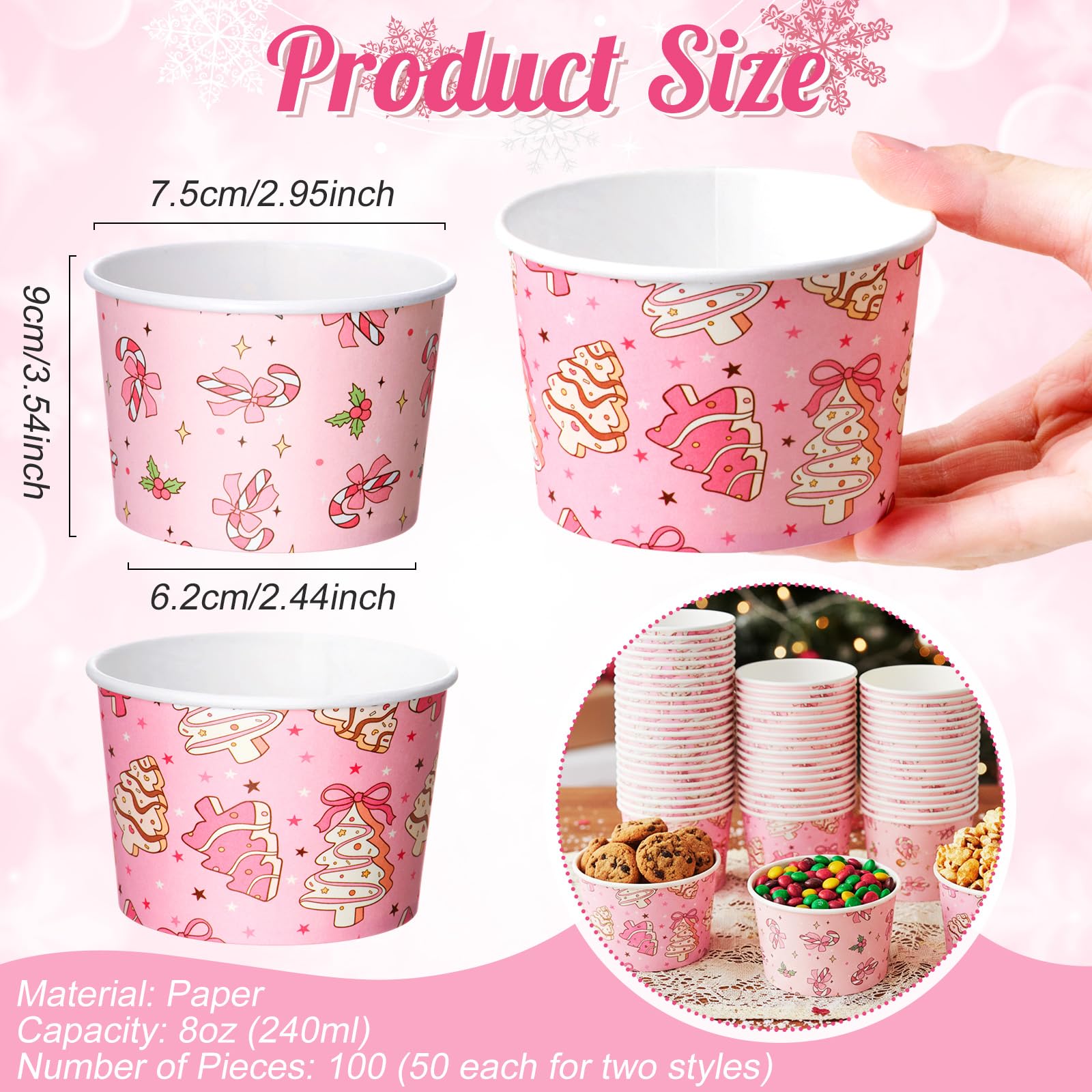 Jingmore 100 Pcs 8 oz Pink Christmas Treat Snack Cups Pink Xmas Tree Candy Canes Disposable Bowls Ice Cream Dessert Soup Paper B