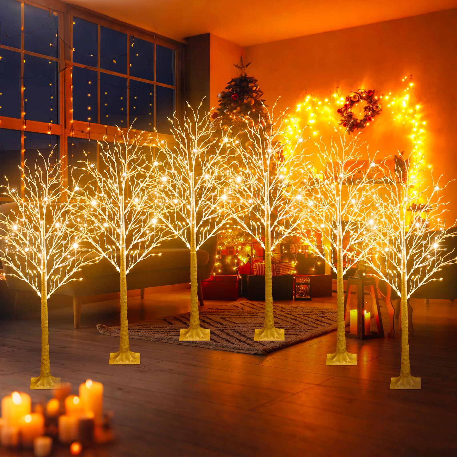 Aurelema 6 Pcs 5ft-400led Lighted Birch Tree 8 Modes Christmas Artificial LED Warm White Lights Birch Tree for Indoor and Outdoo