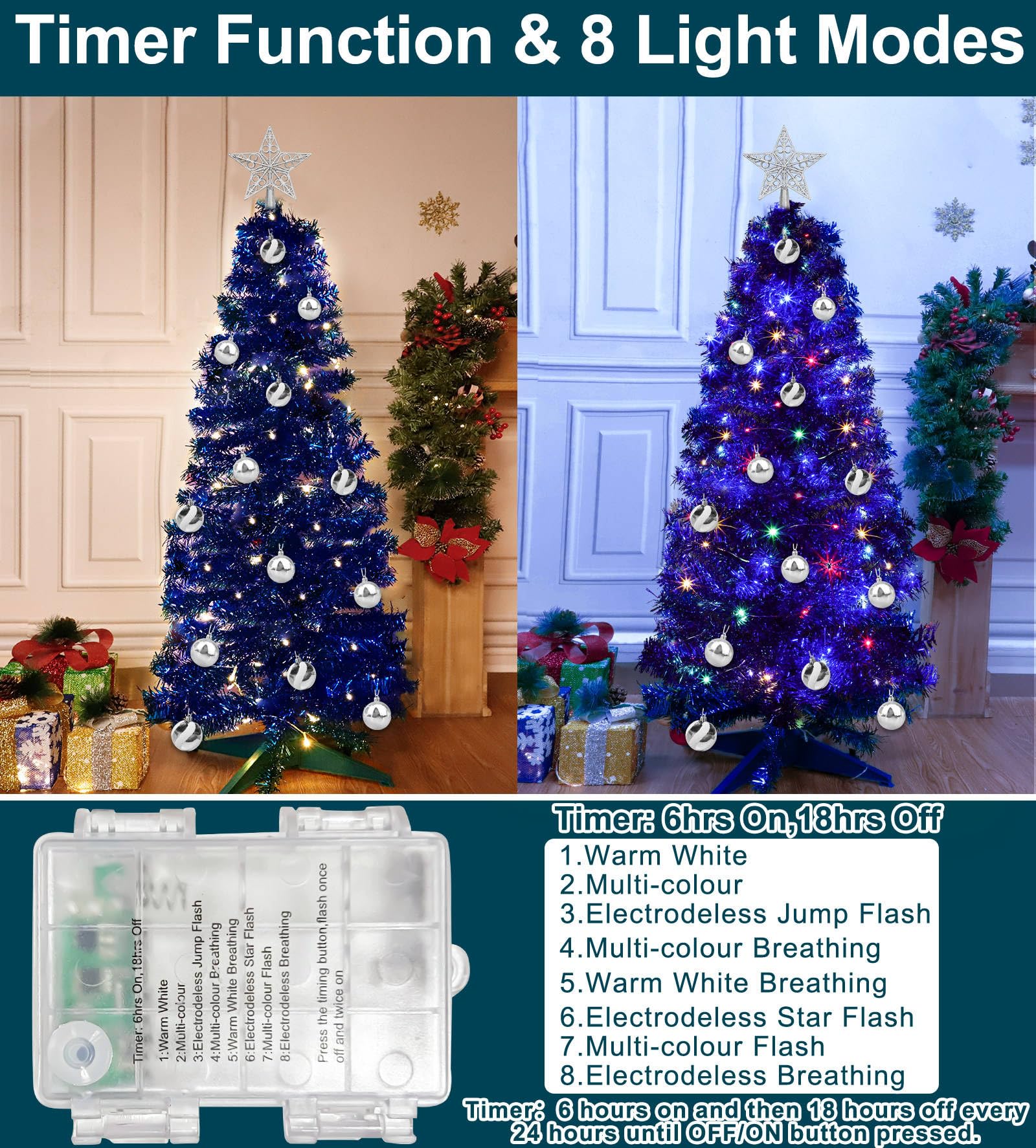Dual Color Change & Timer 4 Ft Christmas Tree with 8 Mode 100 Warm White & Colorful Light 18 DIY Ball Ornaments 3D Star Battery