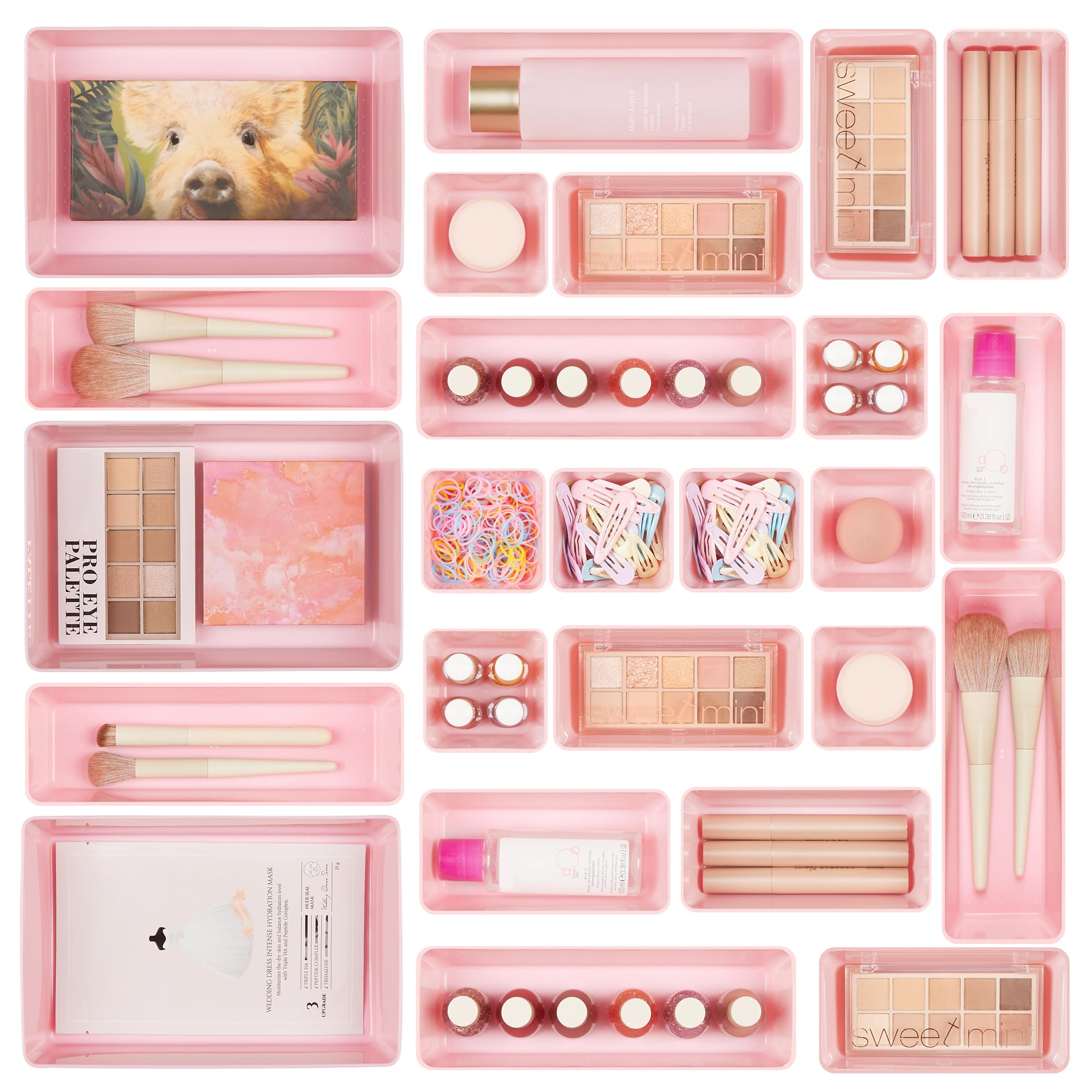 Vtopmart 25 PCS Plastic Drawer Organizers Set, 4-Size Versatile Bathroom and Vanity Drawer Organizer Trays, Storage Bins for Mak