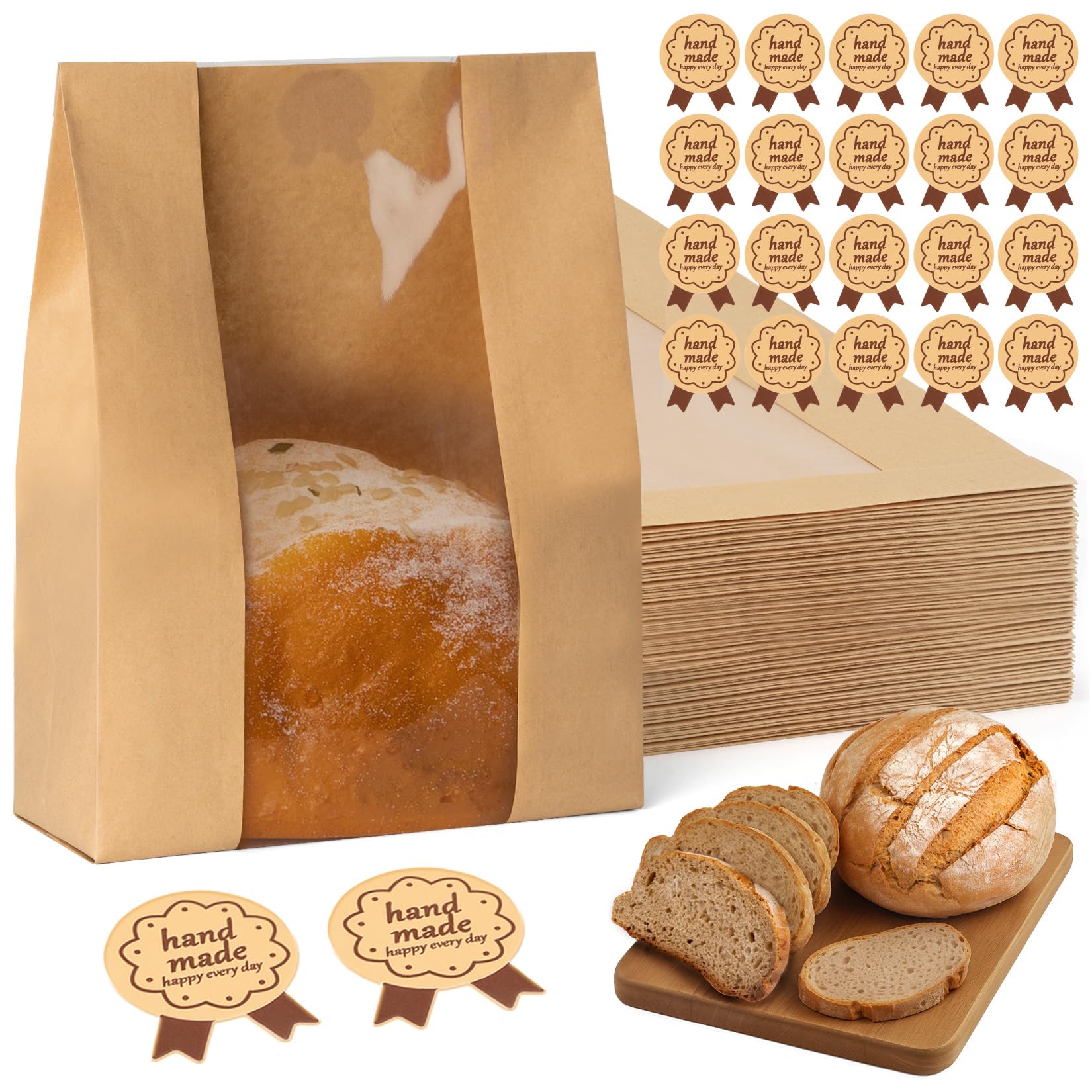 FUNFERY 100 Pcs Sourdough Bread Bags for Home Made Bread Sourdough,Large Paper Bags for Breads Gifting with Window & Cute Seal S