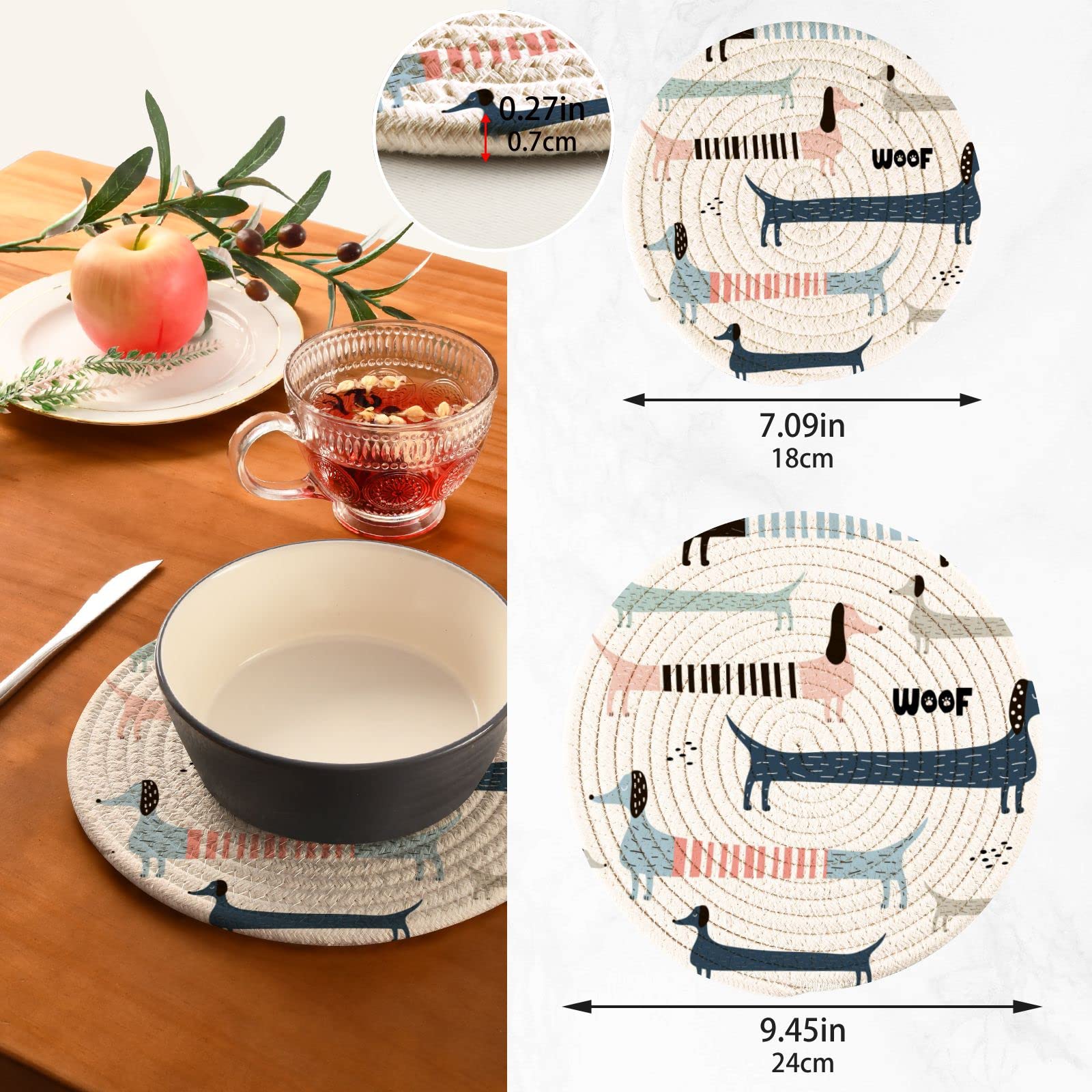Kigai Cute Navy Blue Dachshund Pot Holders Trivets Set 2 Pcs,Round 100% Cotton Braided Hot Pads For Hot Dishes Hot Pots And Pans