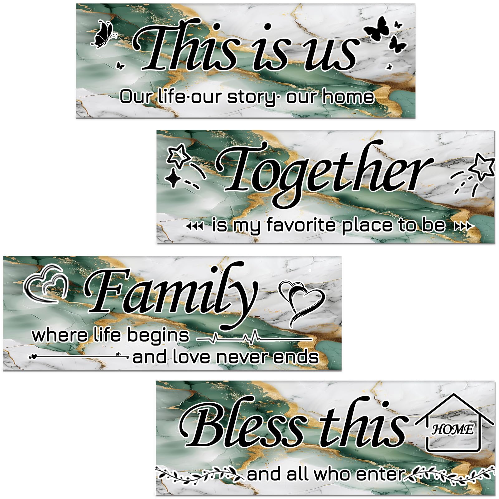 Lnond 4 Pieces Green white black Marble Living Room Wall Decor, Motivational Home Family Rustic Wall Art Decor for Bedroom Livin